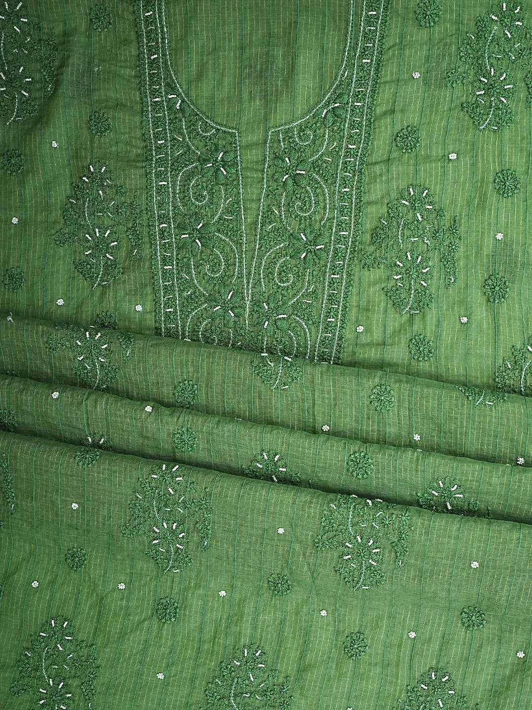 Ada Hand Embroidered Fern Green Chanderi Lucknowi Chikankari Unstitched Suit Piece With Pearl Work 01A938017