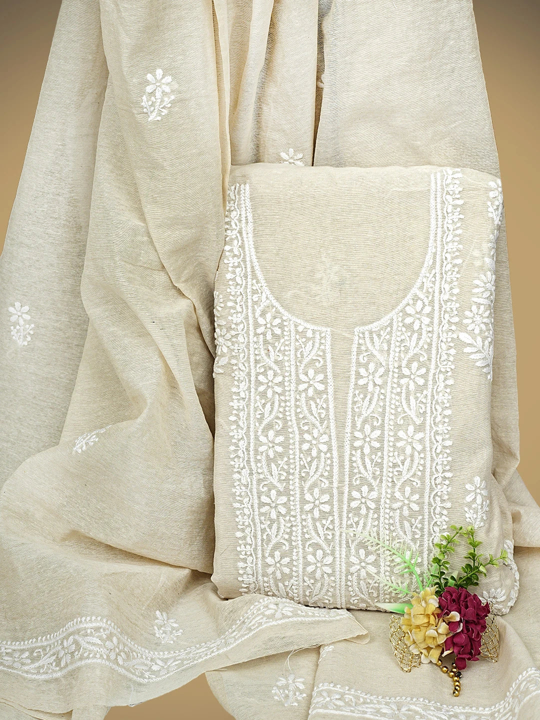 Ada Hand Embroidered Fawn Chanderi Lucknowi Chikankari Unstitched Kurta Dupatta Set 01A838971