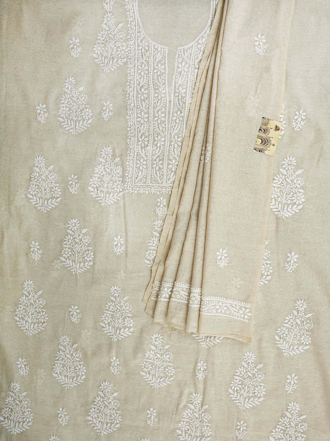 Ada Hand Embroidered Fawn Chanderi Lucknowi Chikankari Unstitched Kurta Dupatta Set 01A838971
