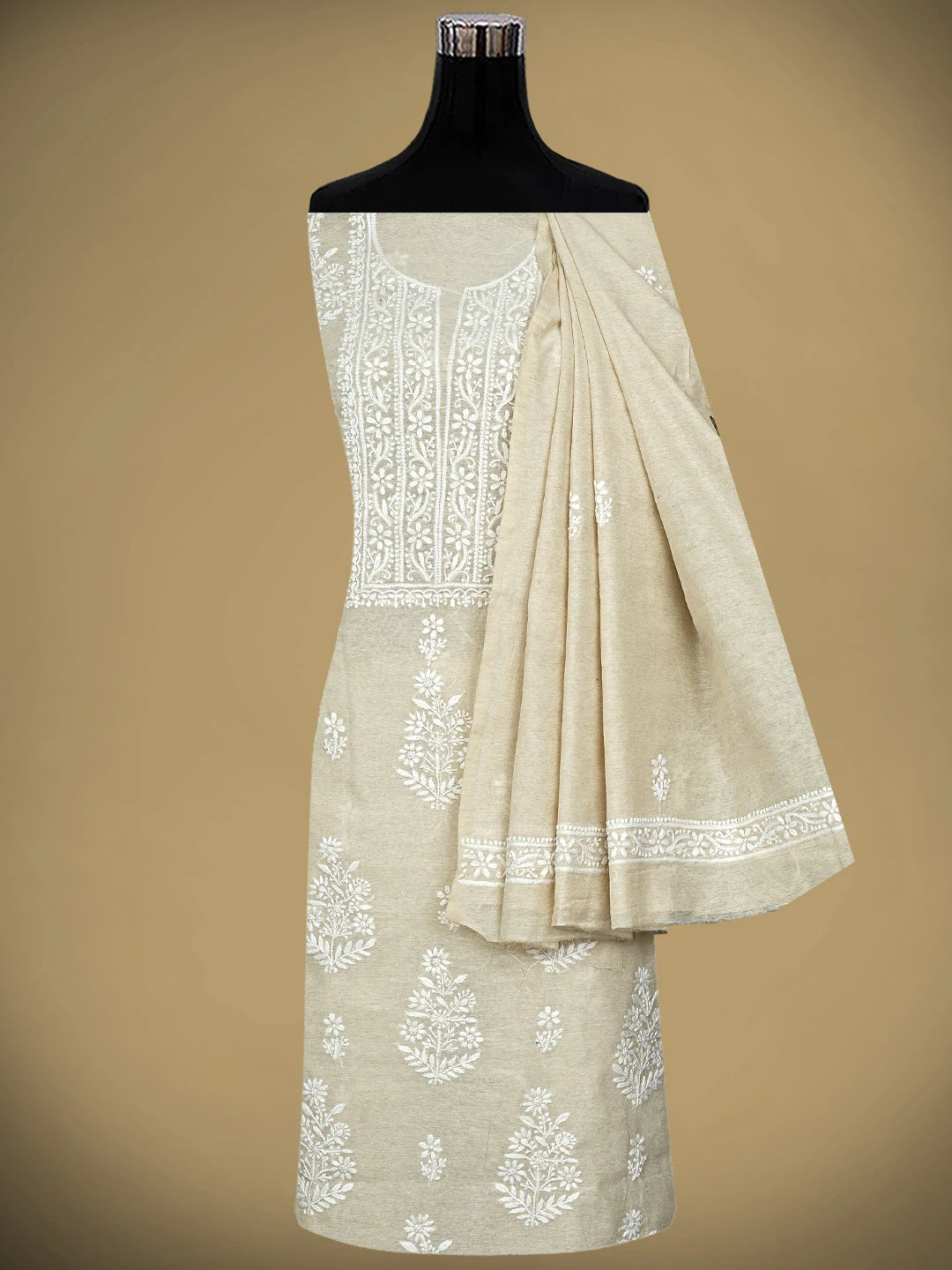Ada Hand Embroidered Fawn Chanderi Lucknowi Chikankari Unstitched Kurta Dupatta Set 01A838971