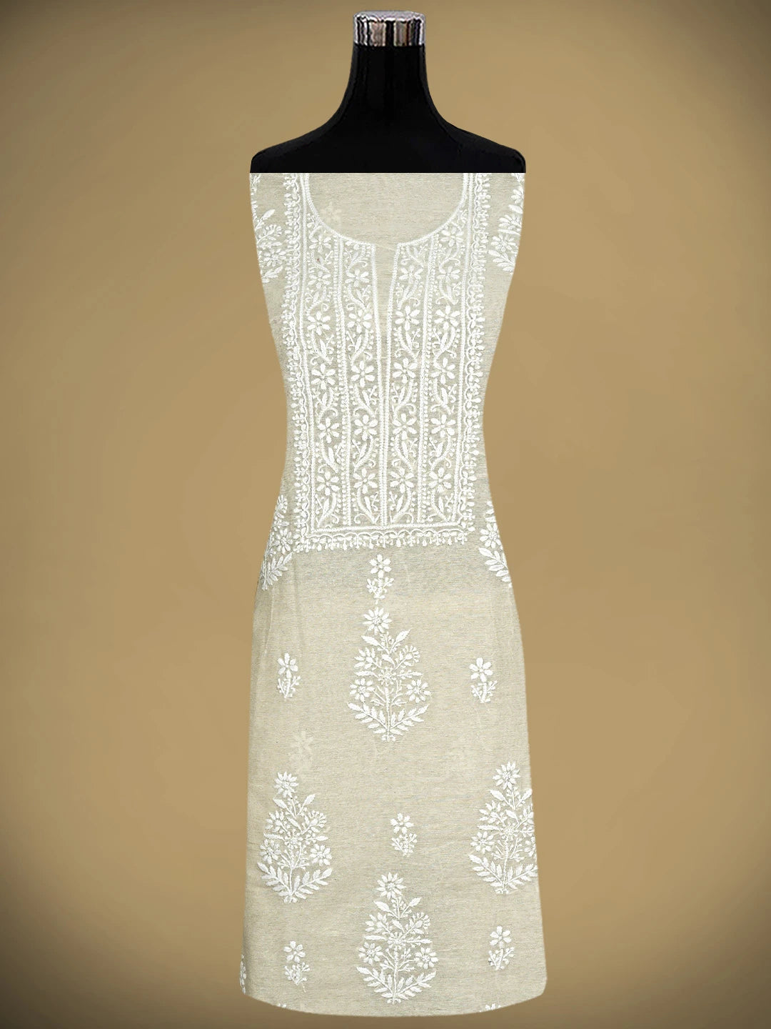 Ada Hand Embroidered Fawn Chanderi Lucknowi Chikankari Unstitched Kurta Dupatta Set 01A838971