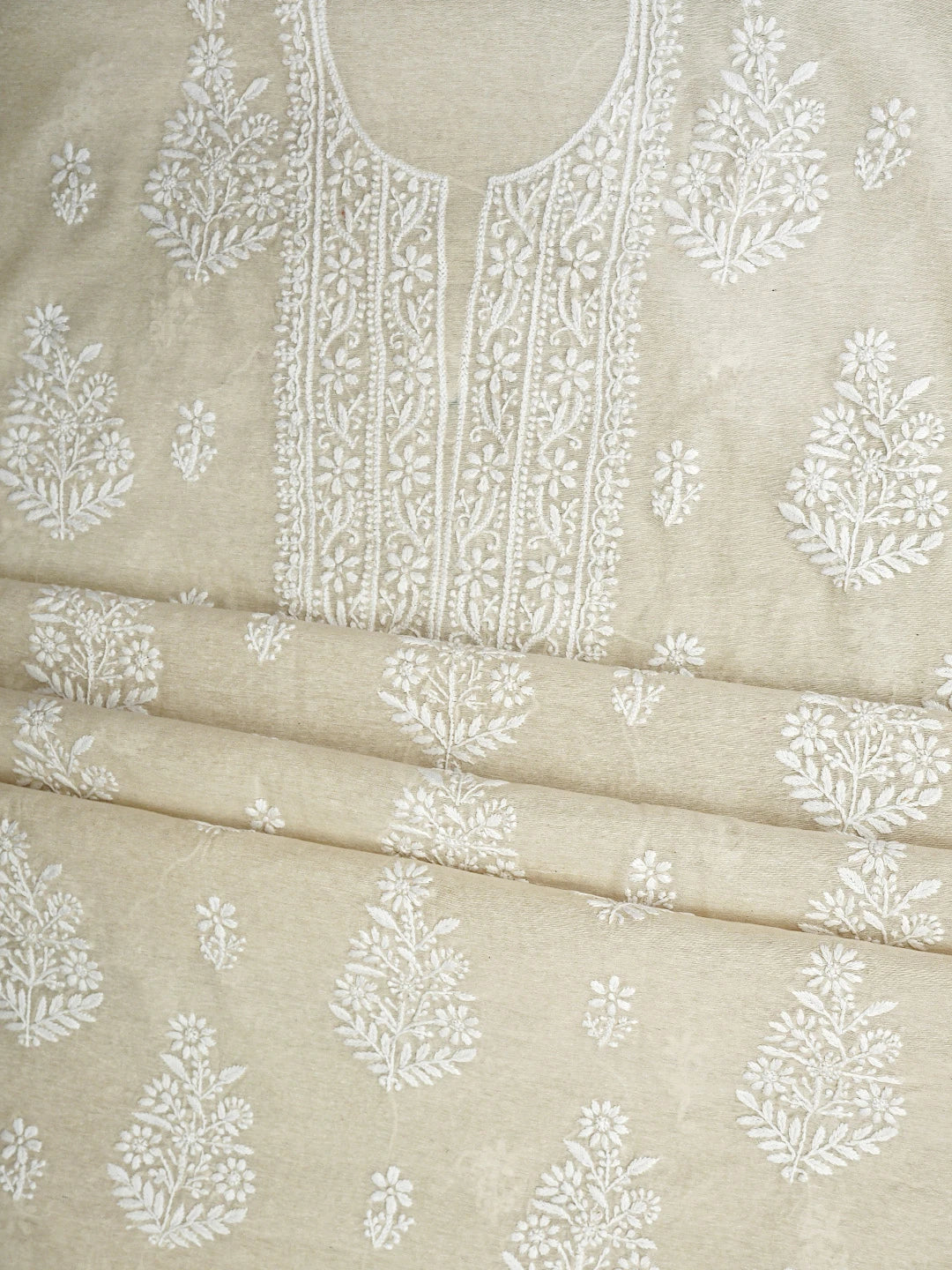 Ada Hand Embroidered Fawn Chanderi Lucknowi Chikankari Unstitched Kurta Dupatta Set 01A838971