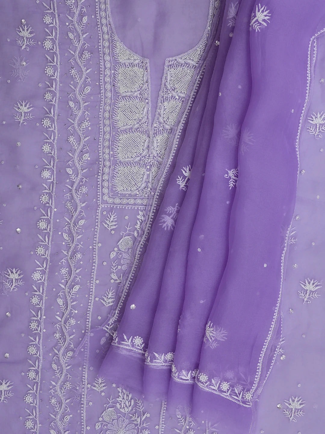 Ada Hand Embroidered Mauve Organza Lucknowi Chikankari Unstitched Kurta Dupatta Set With Pearl Work 01A936249