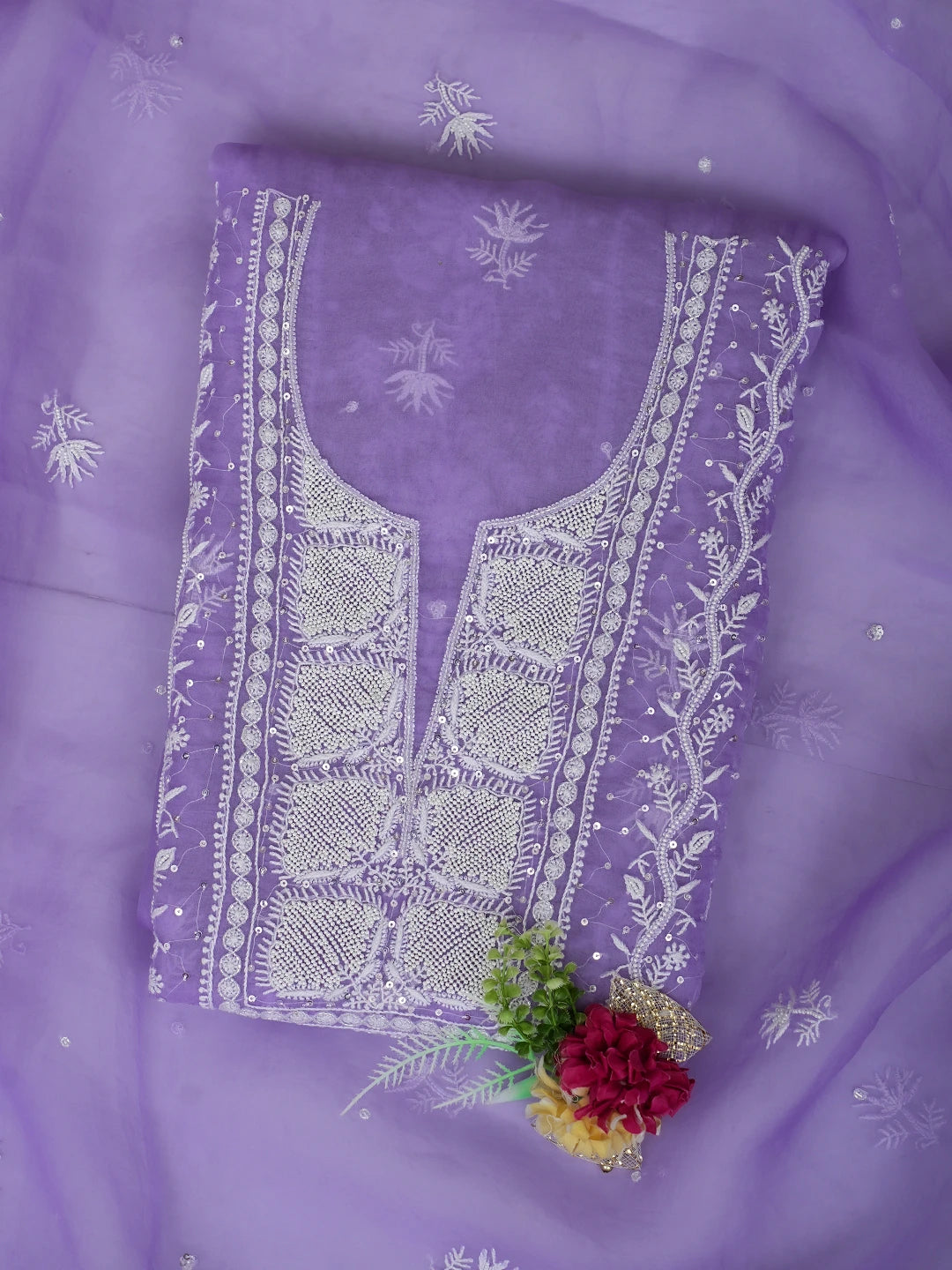 Ada Hand Embroidered Mauve Organza Lucknowi Chikankari Unstitched Kurta Dupatta Set With Pearl Work 01A936249
