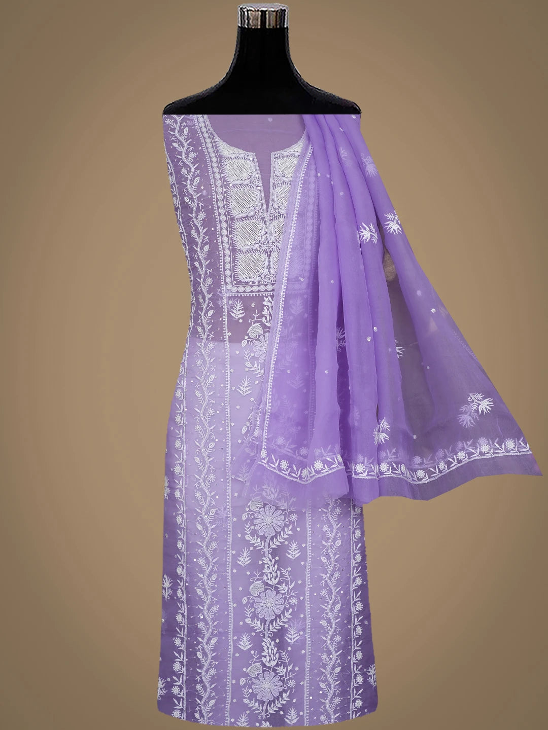 Ada Hand Embroidered Mauve Organza Lucknowi Chikankari Unstitched Kurta Dupatta Set With Pearl Work 01A936249
