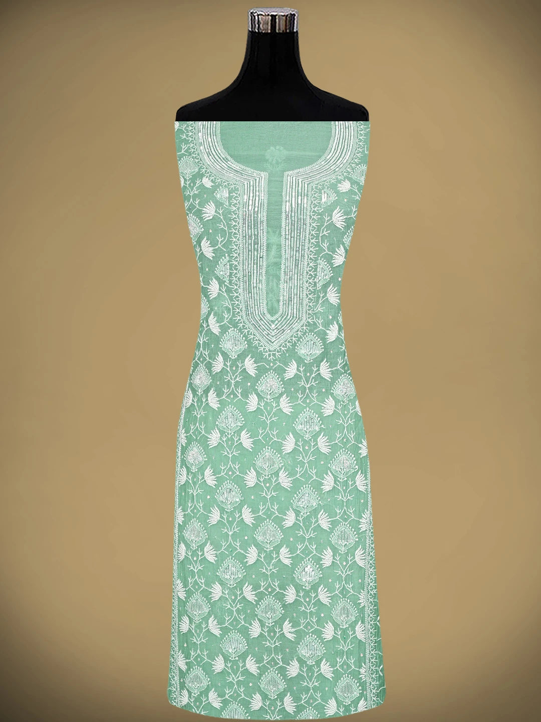 Ada Hand Embroidered Sea Green Chanderi Lucknowi Chikankari Semi-Stitched Kurta Dupatta Set With Cutdana Work 01A935326