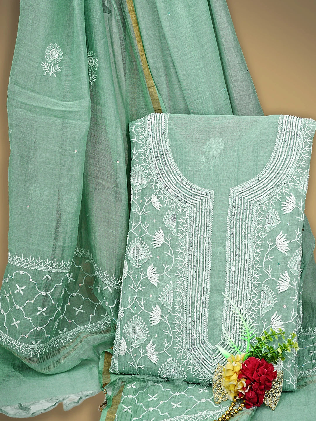 Ada Hand Embroidered Sea Green Chanderi Lucknowi Chikankari Semi-Stitched Kurta Dupatta Set With Cutdana Work 01A935326