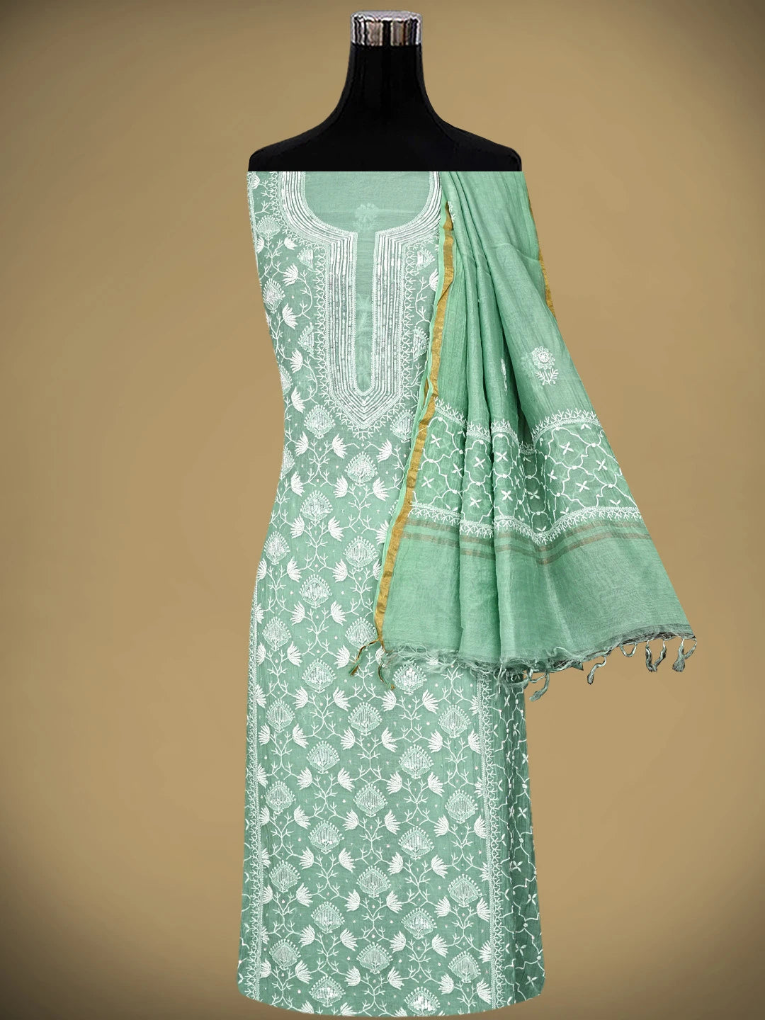Ada Hand Embroidered Sea Green Chanderi Lucknowi Chikankari Semi-Stitched Kurta Dupatta Set With Cutdana Work 01A935326
