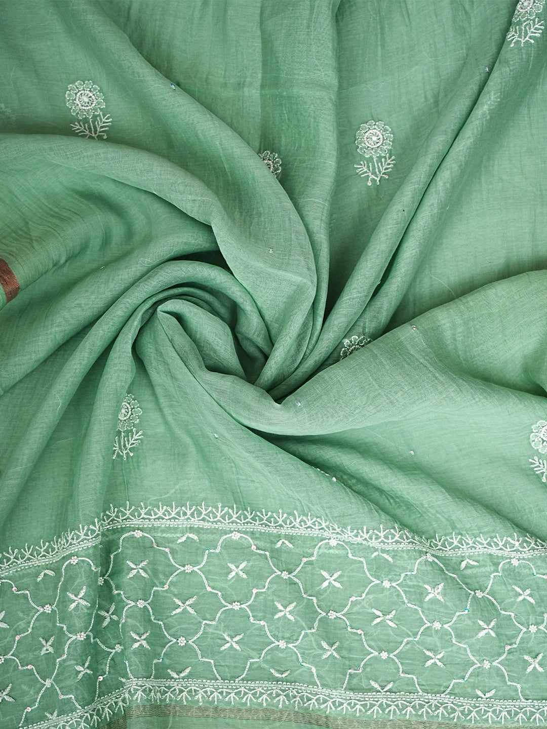 Ada Hand Embroidered Sea Green Chanderi Lucknowi Chikankari Semi-Stitched Kurta Dupatta Set With Cutdana Work 01A935326