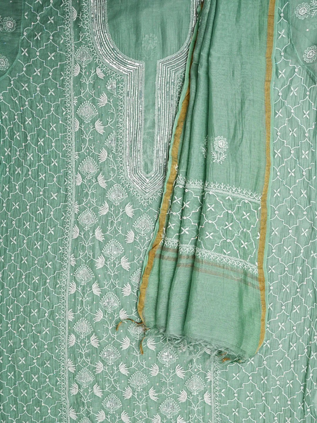 Ada Hand Embroidered Sea Green Chanderi Lucknowi Chikankari Semi-Stitched Kurta Dupatta Set With Cutdana Work 01A935326