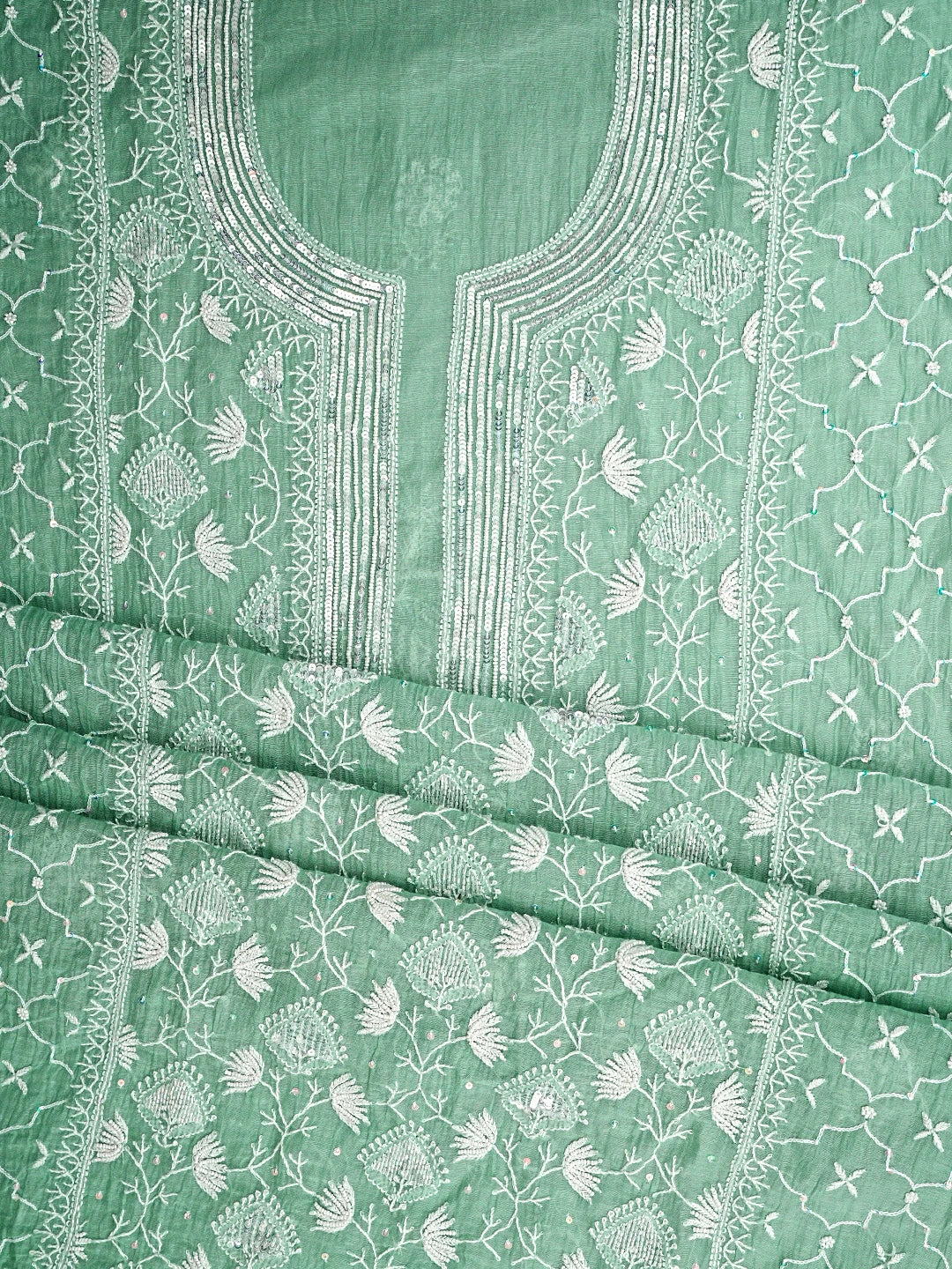 Ada Hand Embroidered Sea Green Chanderi Lucknowi Chikankari Semi-Stitched Kurta Dupatta Set With Cutdana Work 01A935326