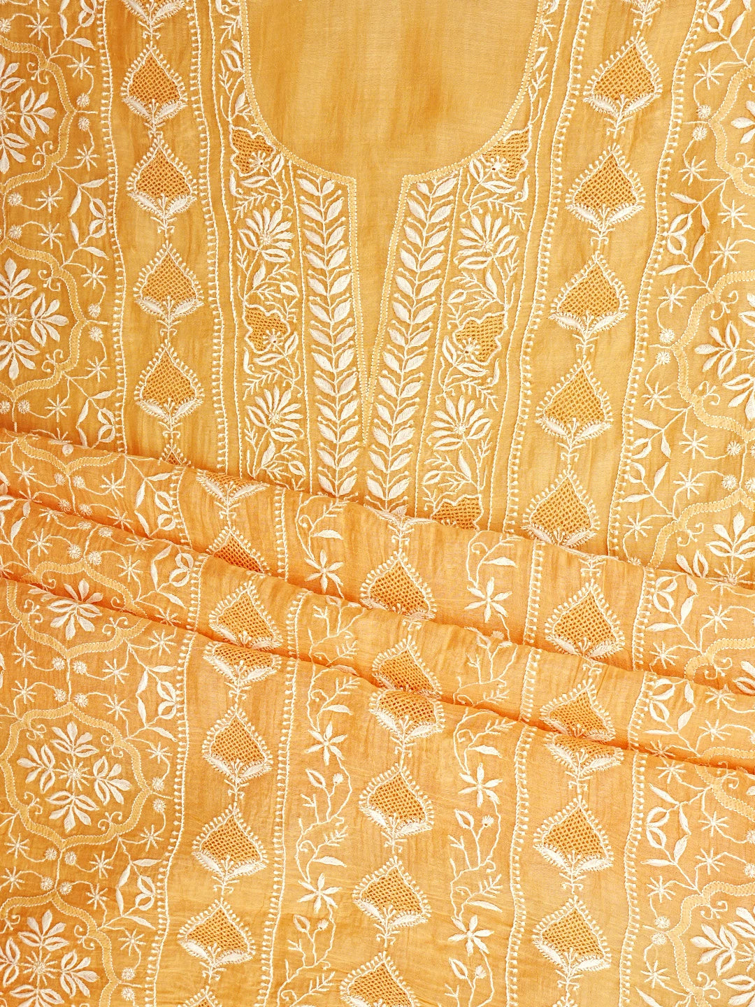 Ada Hand Embroidered Peach Chanderi Lucknowi Chikankari Unstitched Kurta Dupatta Set 01A936217