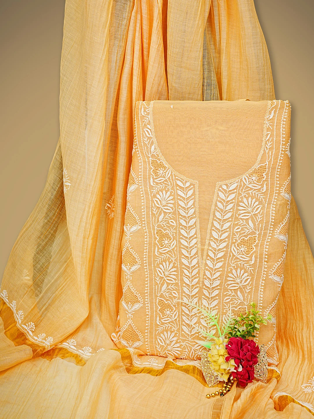 Ada Hand Embroidered Peach Chanderi Lucknowi Chikankari Unstitched Kurta Dupatta Set 01A936217