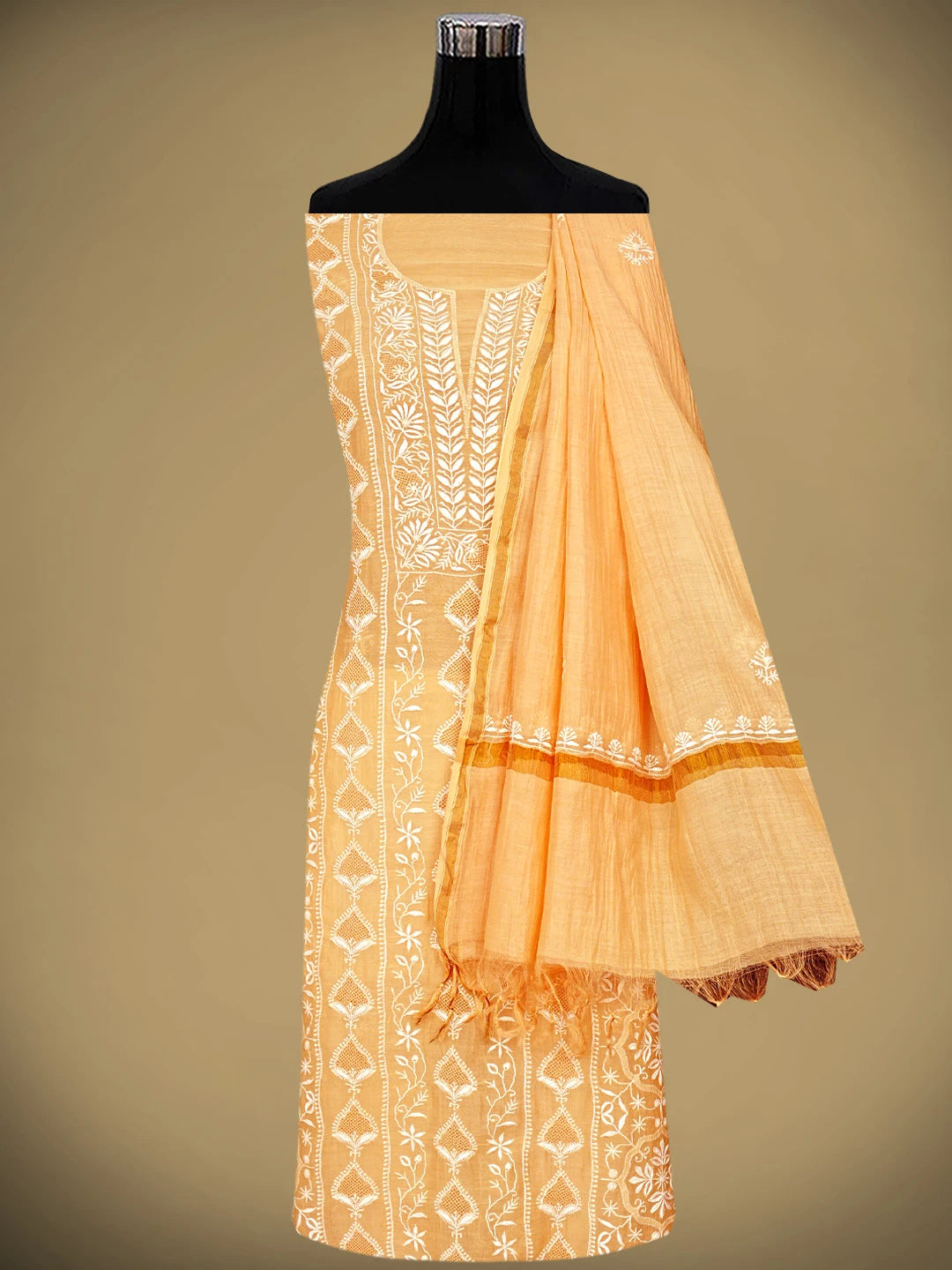 Ada Hand Embroidered Peach Chanderi Lucknowi Chikankari Unstitched Kurta Dupatta Set 01A936217
