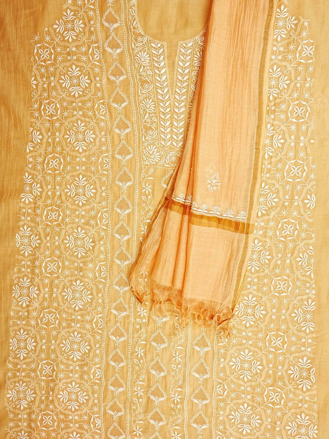Ada Hand Embroidered Peach Chanderi Lucknowi Chikankari Unstitched Kurta Dupatta Set 01A936217
