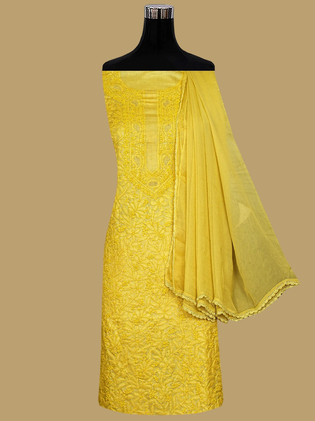 Ada Hand Embroidered Straw Gold Yellow Silk Lucknowi Chikankari Unstitched Suit Piece 01A934829