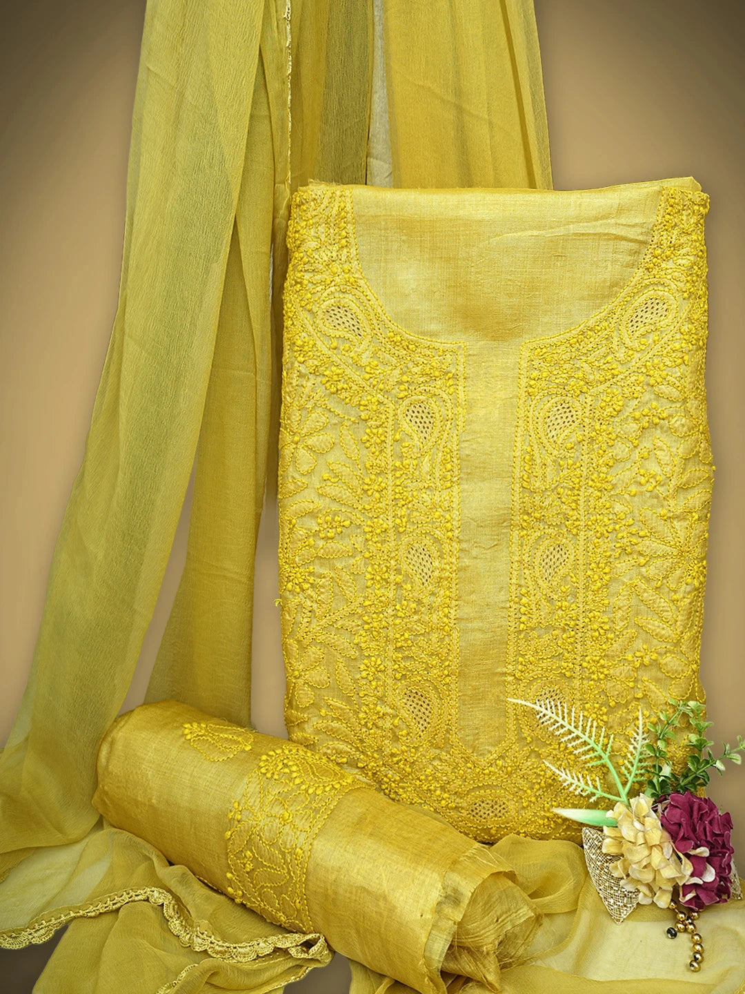 Ada Hand Embroidered Straw Gold Yellow Silk Lucknowi Chikankari Unstitched Suit Piece 01A934829