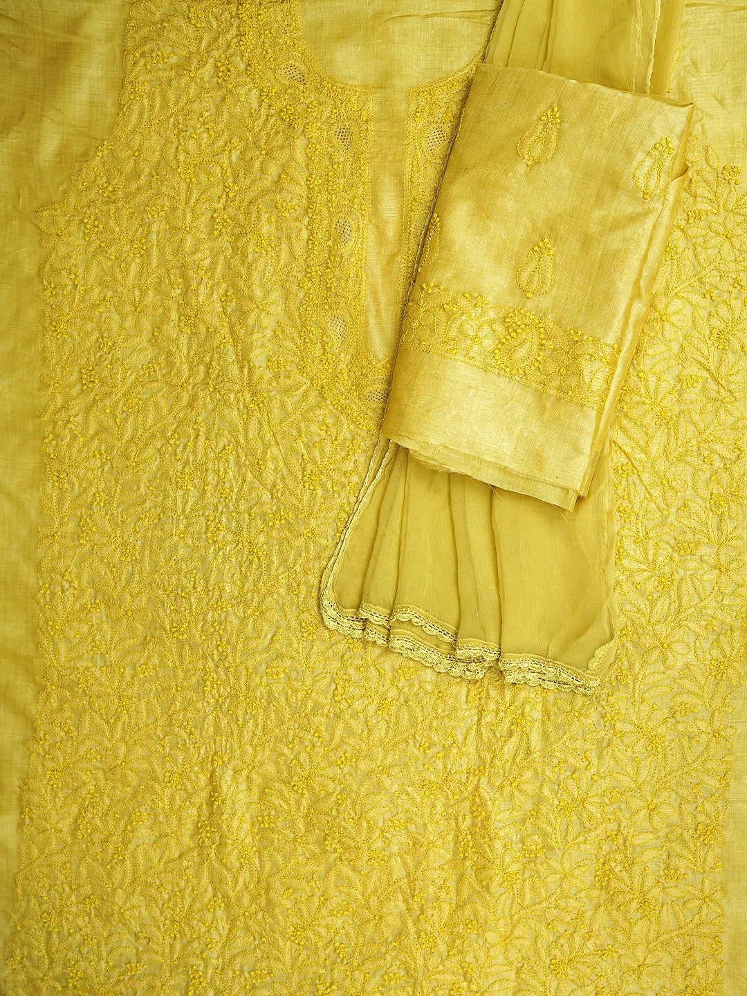 Ada Hand Embroidered Straw Gold Yellow Silk Lucknowi Chikankari Unstitched Suit Piece 01A934829