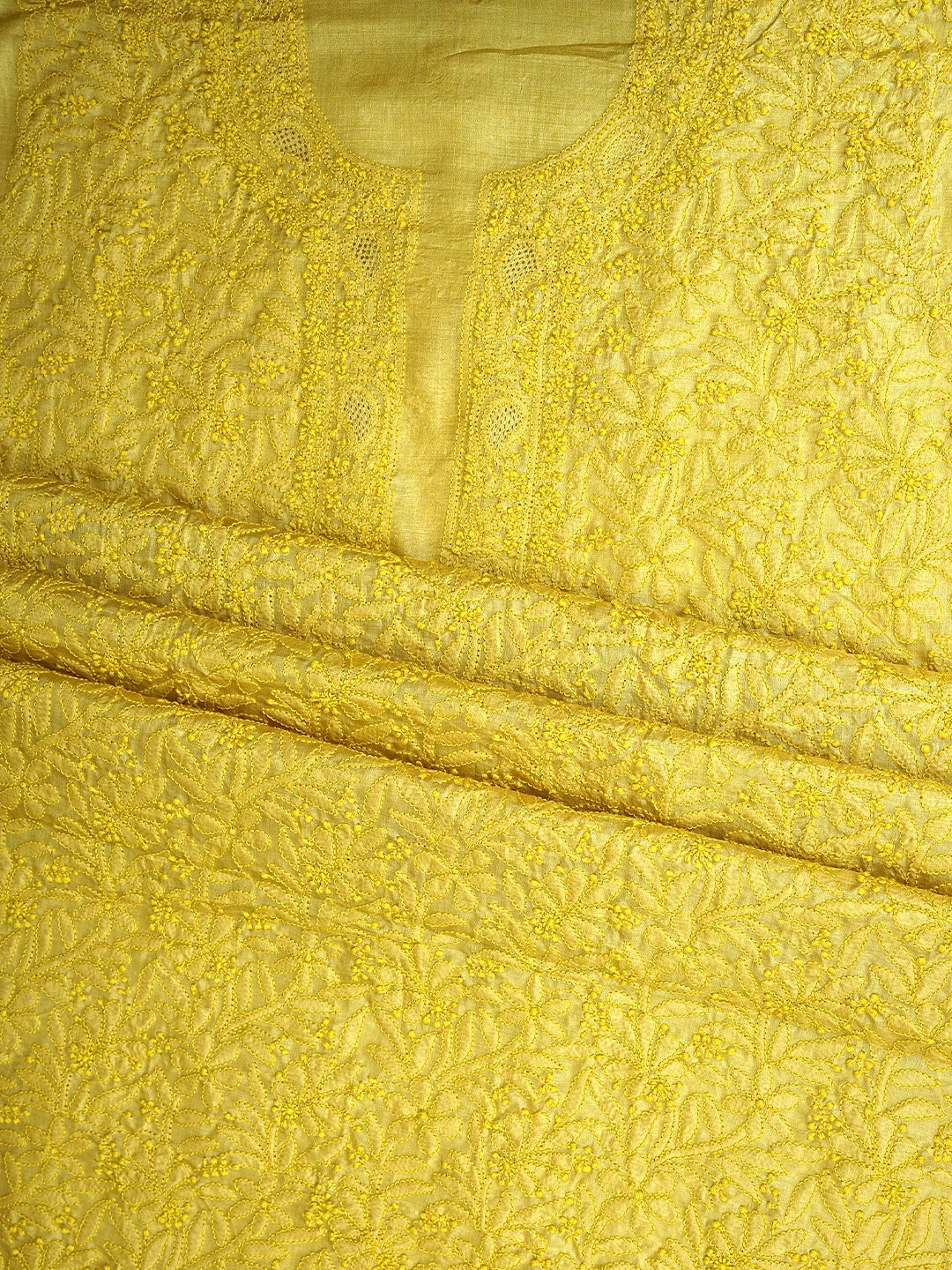 Ada Hand Embroidered Straw Gold Yellow Silk Lucknowi Chikankari Unstitched Suit Piece 01A934829