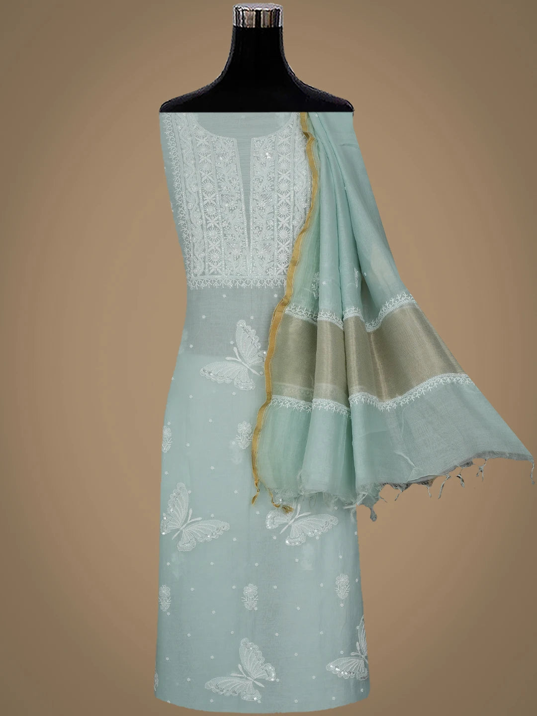 Ada Hand Embroidered Celadon Green Chanderi Lucknowi Chikankari Unstitched Kurta Dupatta Set With Cutdana Work 01A935247
