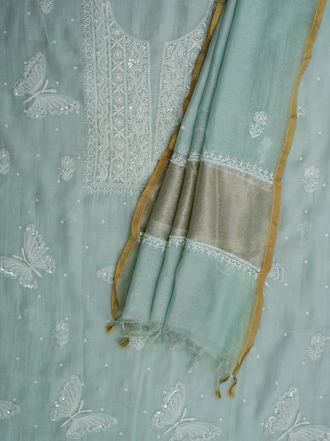 Ada Hand Embroidered Celadon Green Chanderi Lucknowi Chikankari Unstitched Kurta Dupatta Set With Cutdana Work 01A935247