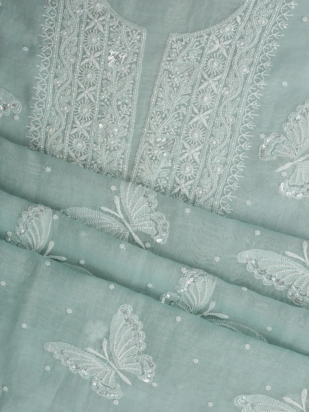 Ada Hand Embroidered Celadon Green Chanderi Lucknowi Chikankari Unstitched Kurta Dupatta Set With Cutdana Work 01A935247