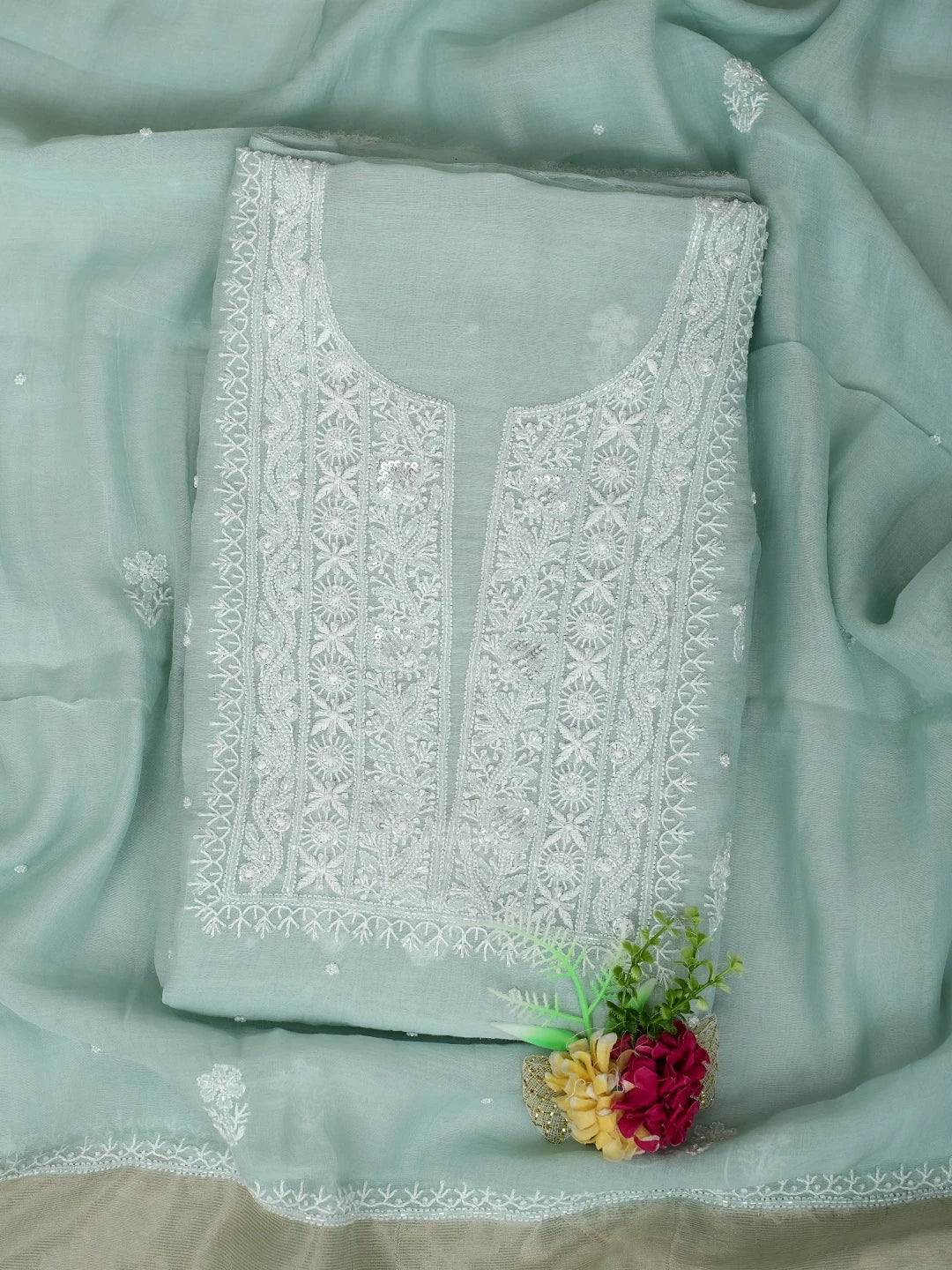 Ada Hand Embroidered Celadon Green Chanderi Lucknowi Chikankari Unstitched Kurta Dupatta Set With Cutdana Work 01A935247