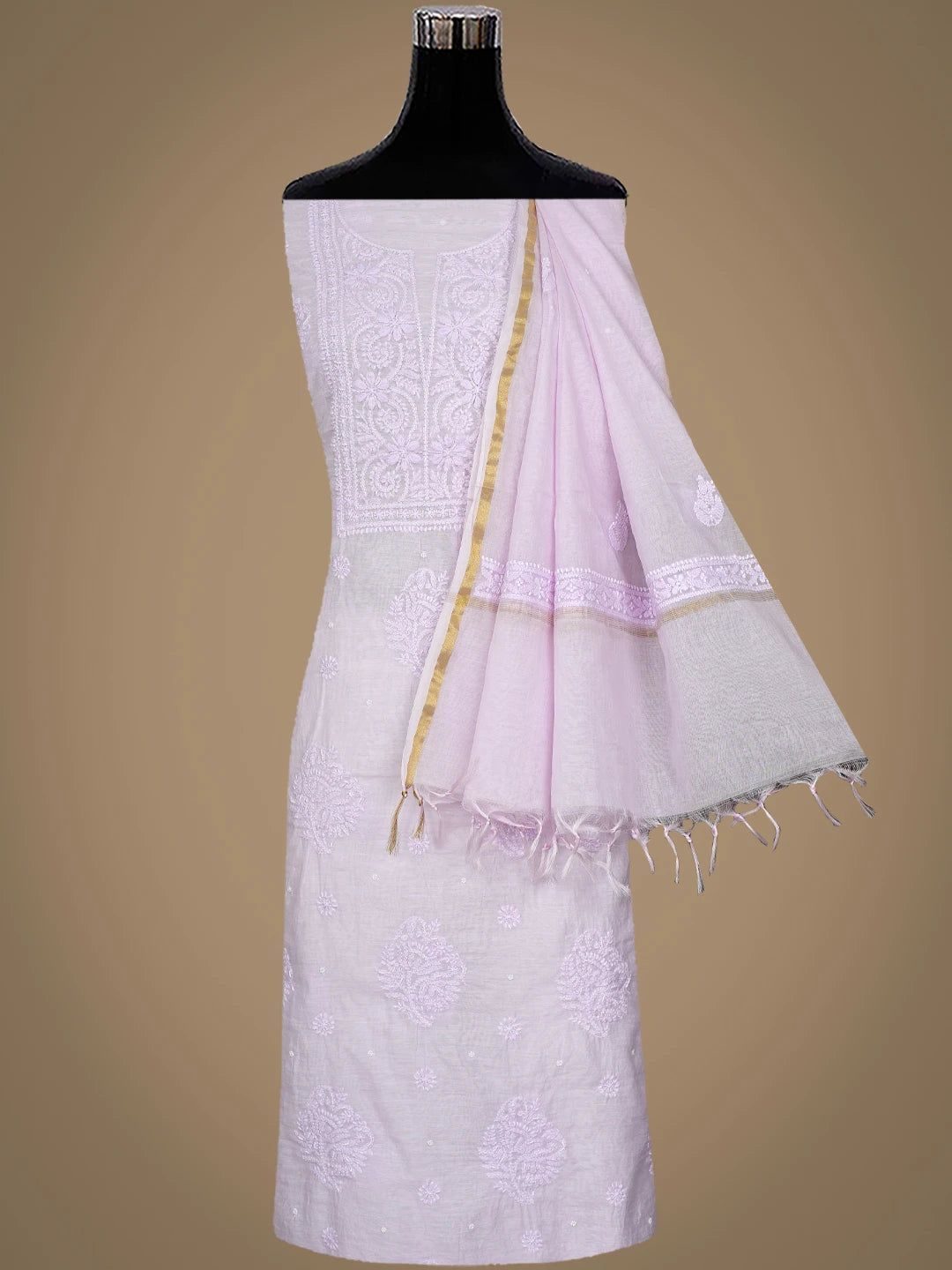 Ada Hand Embroidered Lavender Chanderi Lucknowi Chikankari Unstitched Suit Piece With Pearl Work 01A937523