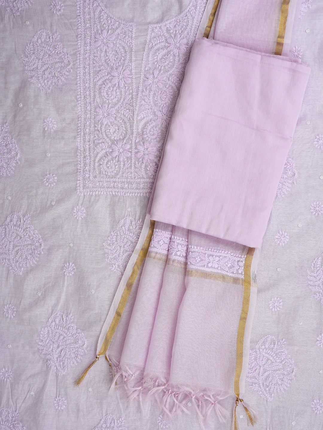 Ada Hand Embroidered Lavender Chanderi Lucknowi Chikankari Unstitched Suit Piece With Pearl Work 01A937523