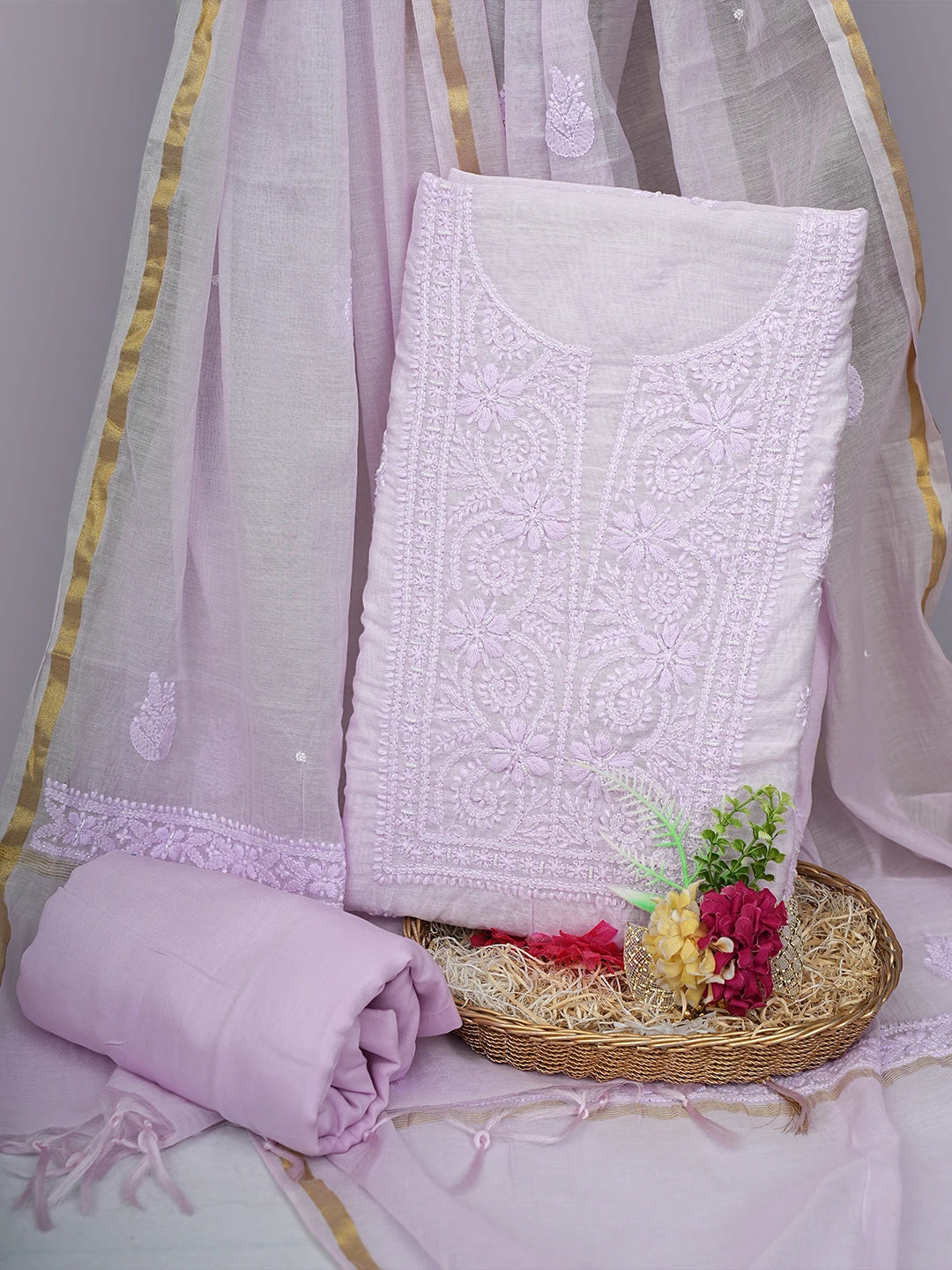 Ada Hand Embroidered Lavender Chanderi Lucknowi Chikankari Unstitched Suit Piece With Pearl Work 01A937523