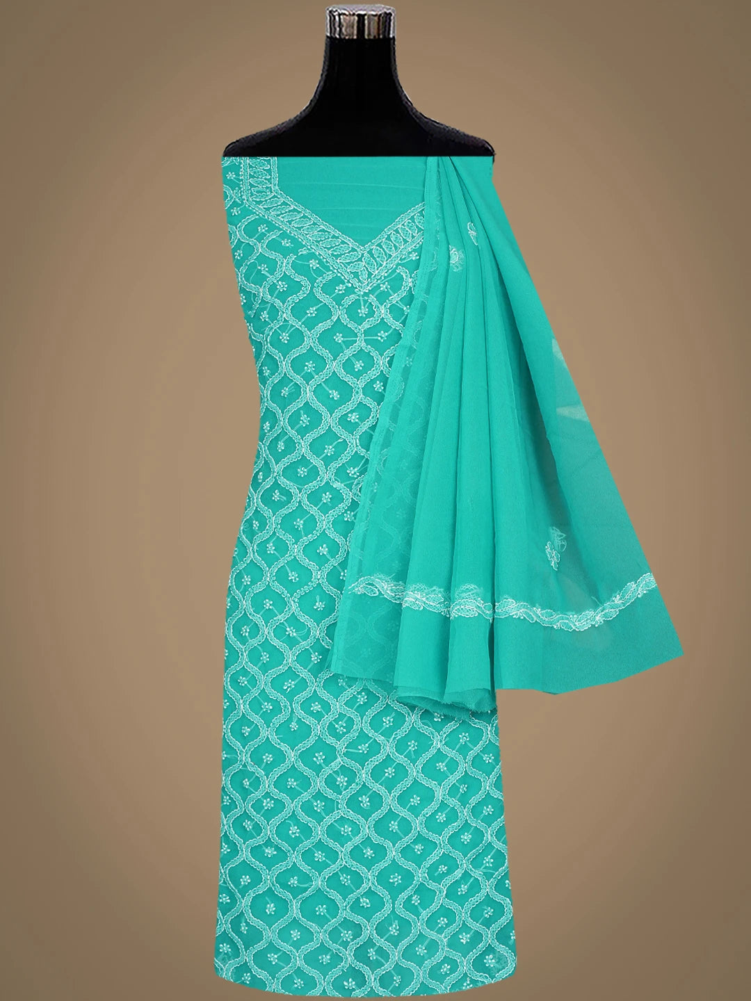 Ada Hand Embroidered Rama Green Georgette Lucknowi Chikankari Unstitched Suit Piece 01A937328