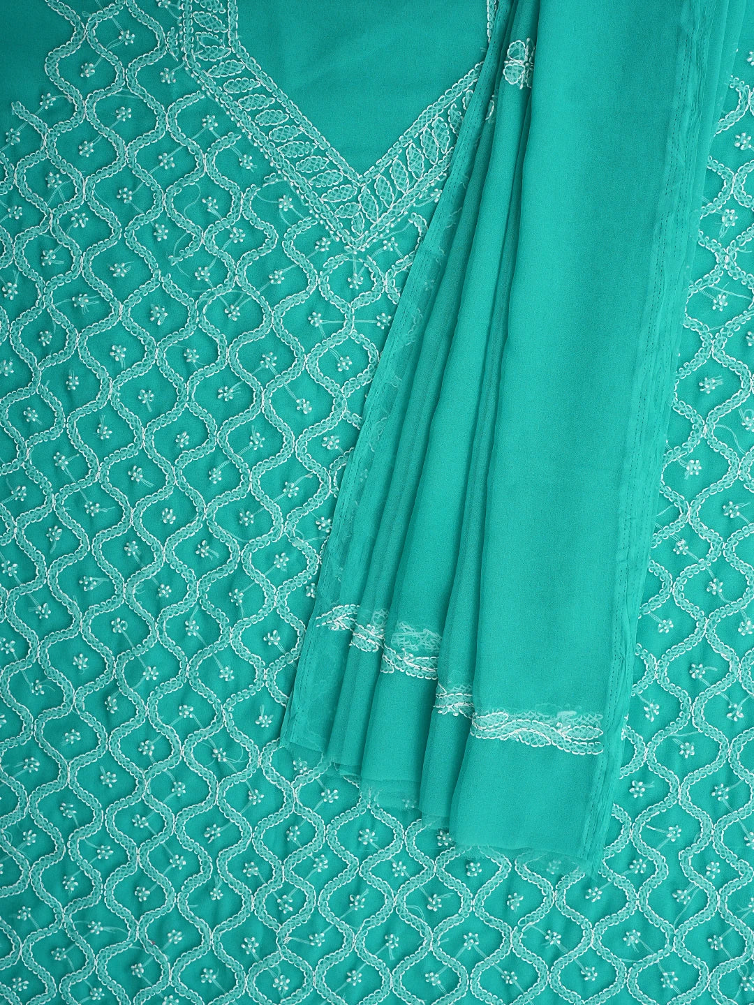 Ada Hand Embroidered Rama Green Georgette Lucknowi Chikankari Unstitched Suit Piece 01A937328