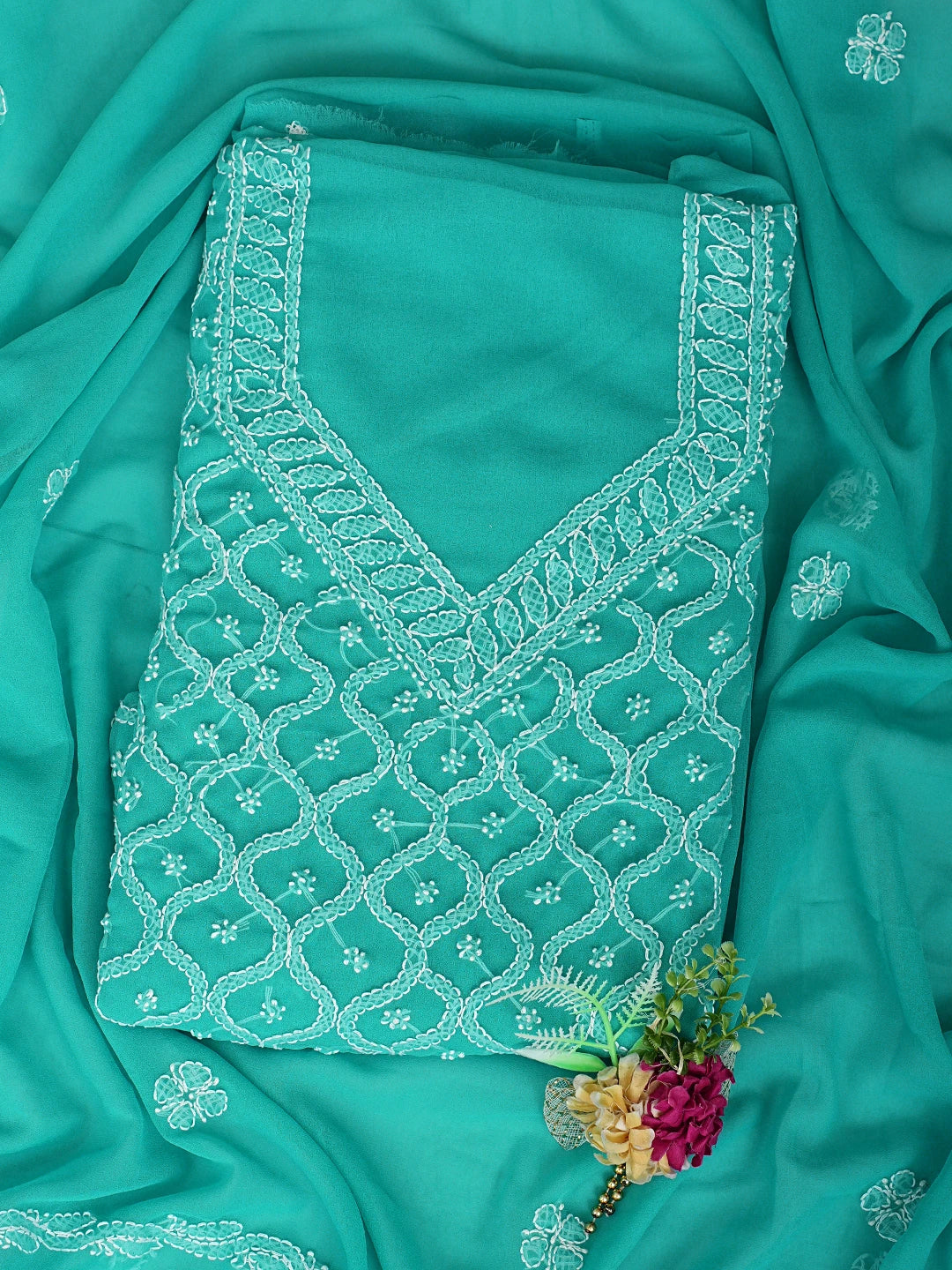 Ada Hand Embroidered Rama Green Georgette Lucknowi Chikankari Unstitched Suit Piece 01A937328