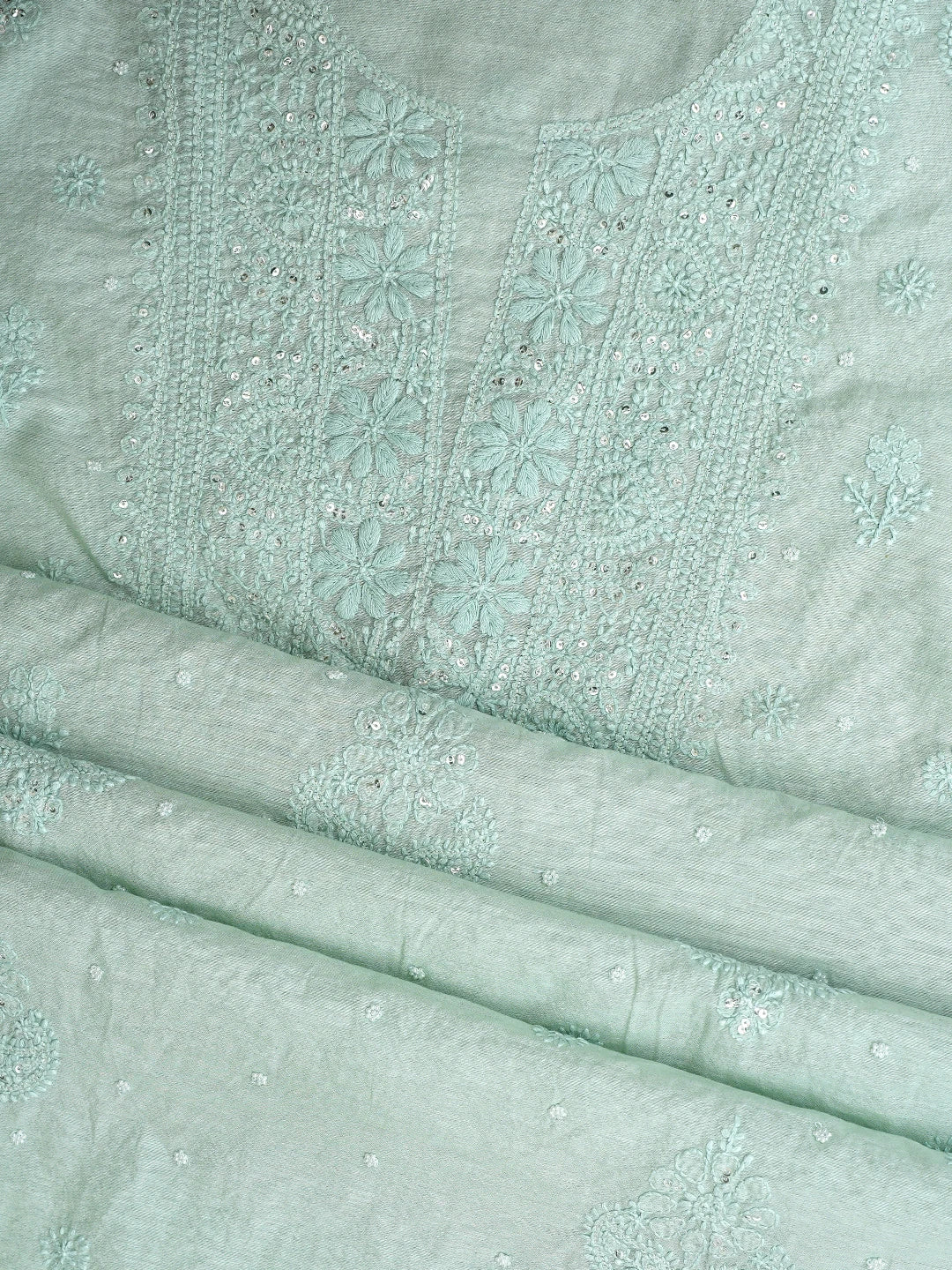 Ada Hand Embroidered Celadon Green Chanderi Lucknowi Chikankari Unstitched Suit Piece With Pearl Work 01A937513