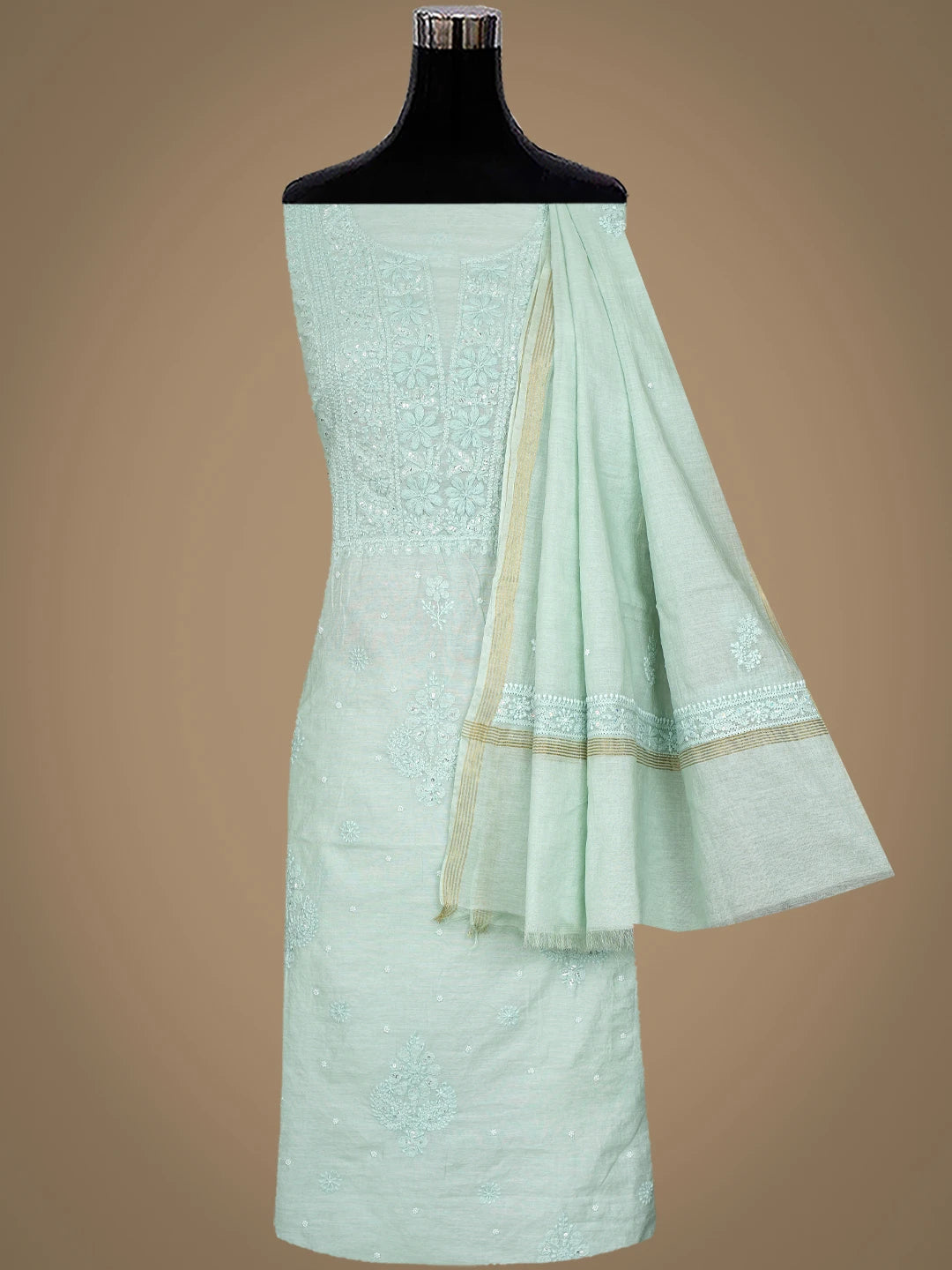 Ada Hand Embroidered Celadon Green Chanderi Lucknowi Chikankari Unstitched Suit Piece With Pearl Work 01A937513