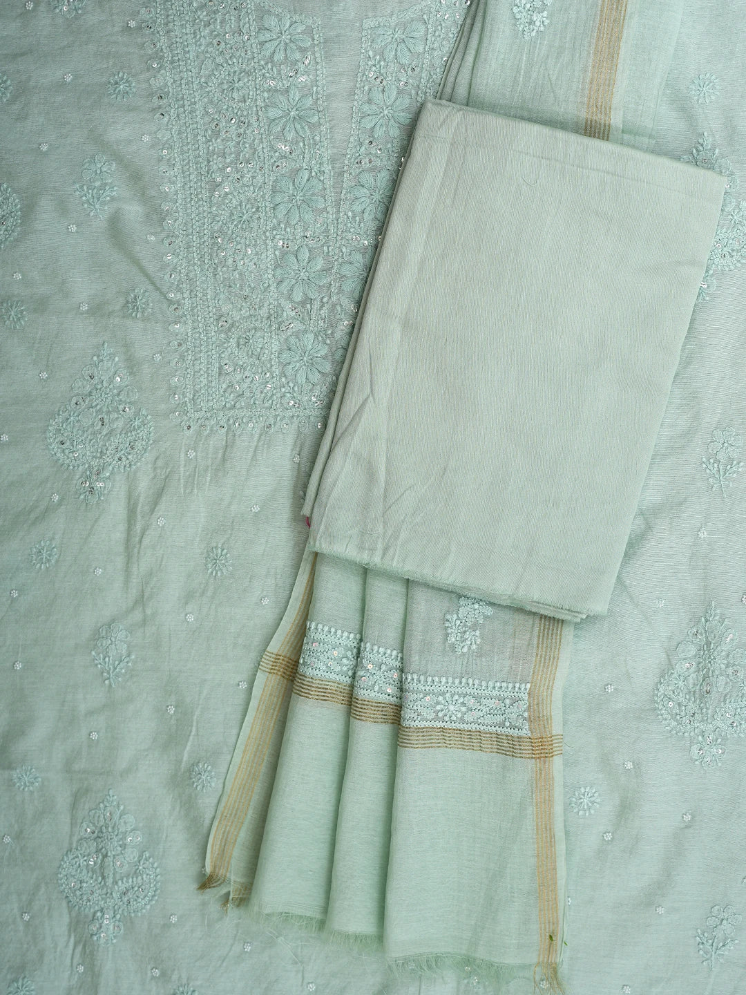 Ada Hand Embroidered Celadon Green Chanderi Lucknowi Chikankari Unstitched Suit Piece With Pearl Work 01A937513
