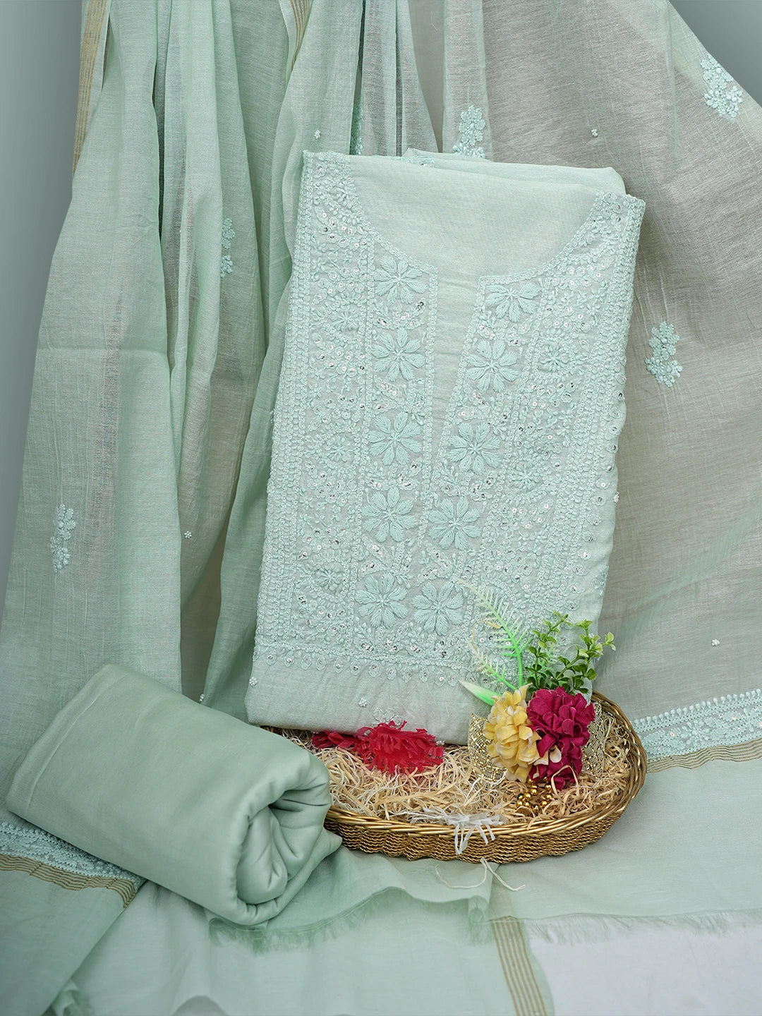 Ada Hand Embroidered Celadon Green Chanderi Lucknowi Chikankari Unstitched Suit Piece With Pearl Work 01A937513