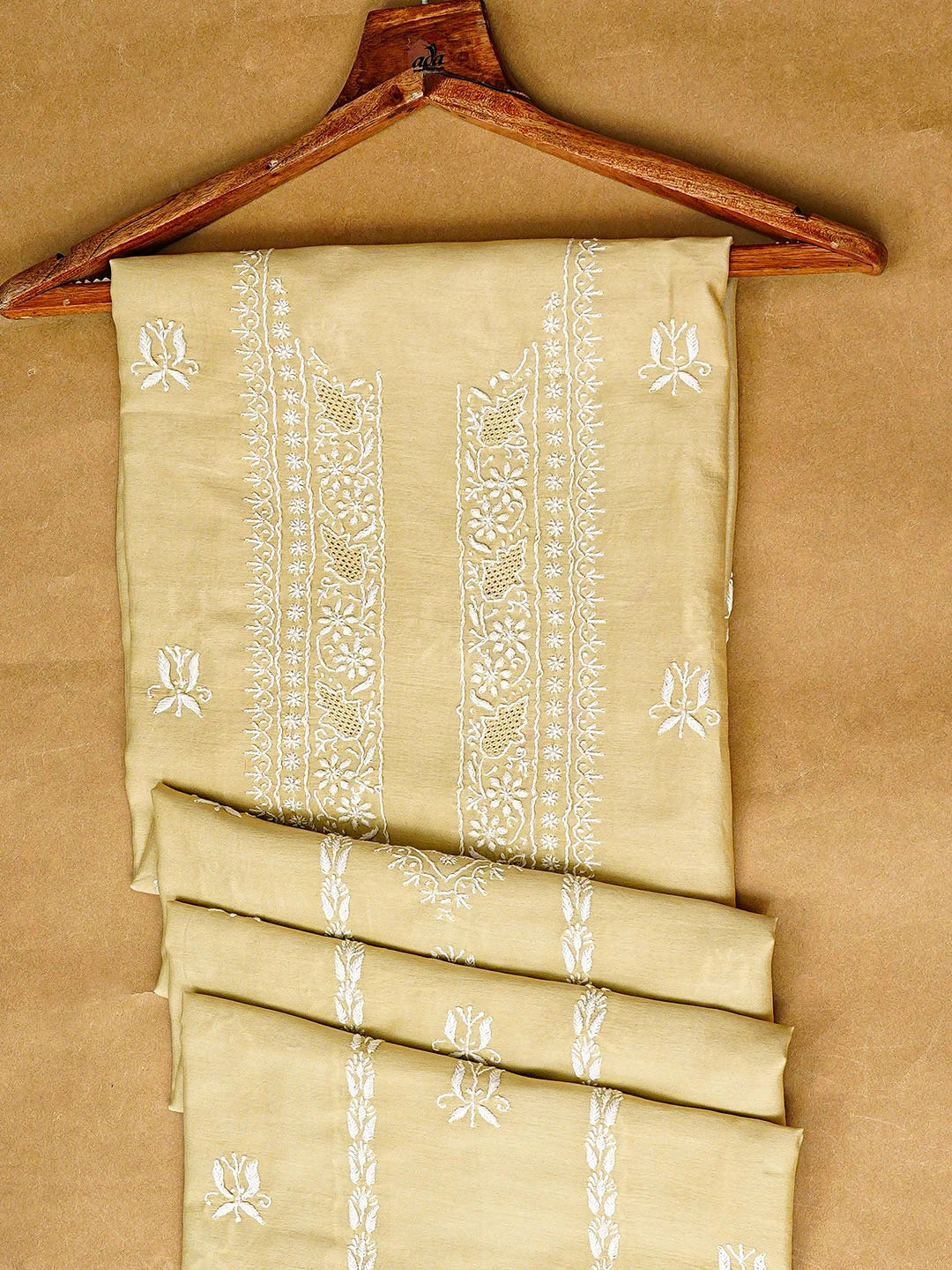 Ada Hand Embroidered Pista Green Chanderi Lucknowi Chikankari Unstitched Men's Kurta 01A879145