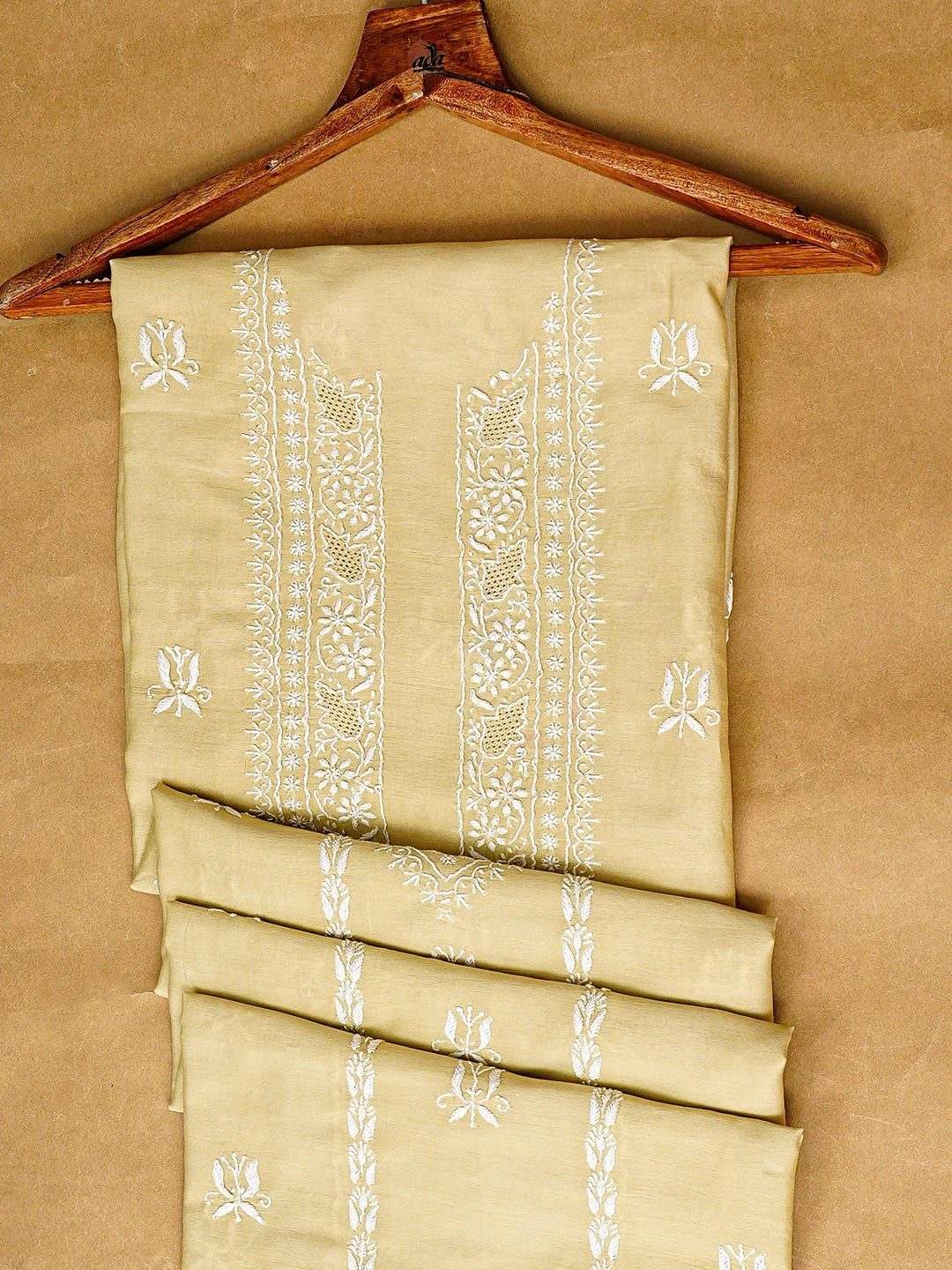 Ada Hand Embroidered Pista Green Chanderi Lucknowi Chikankari Unstitched Men's Kurta 01A879145