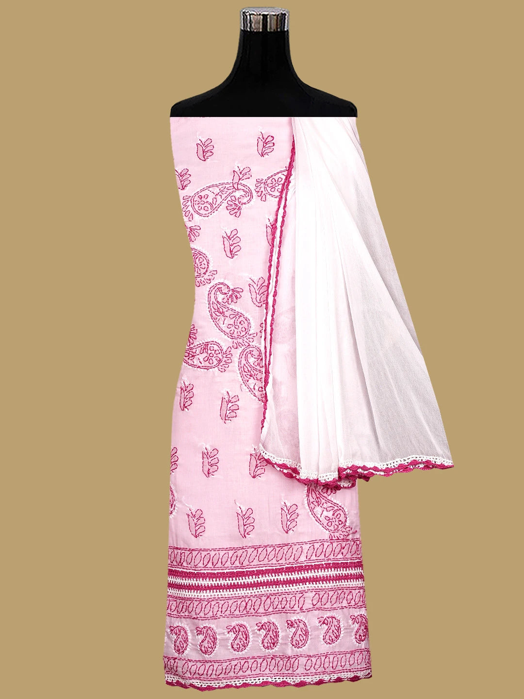 Ada Hand Embroidered Pink Cotton Lucknowi Chikankari Unstitched Suit Piece 01A935054