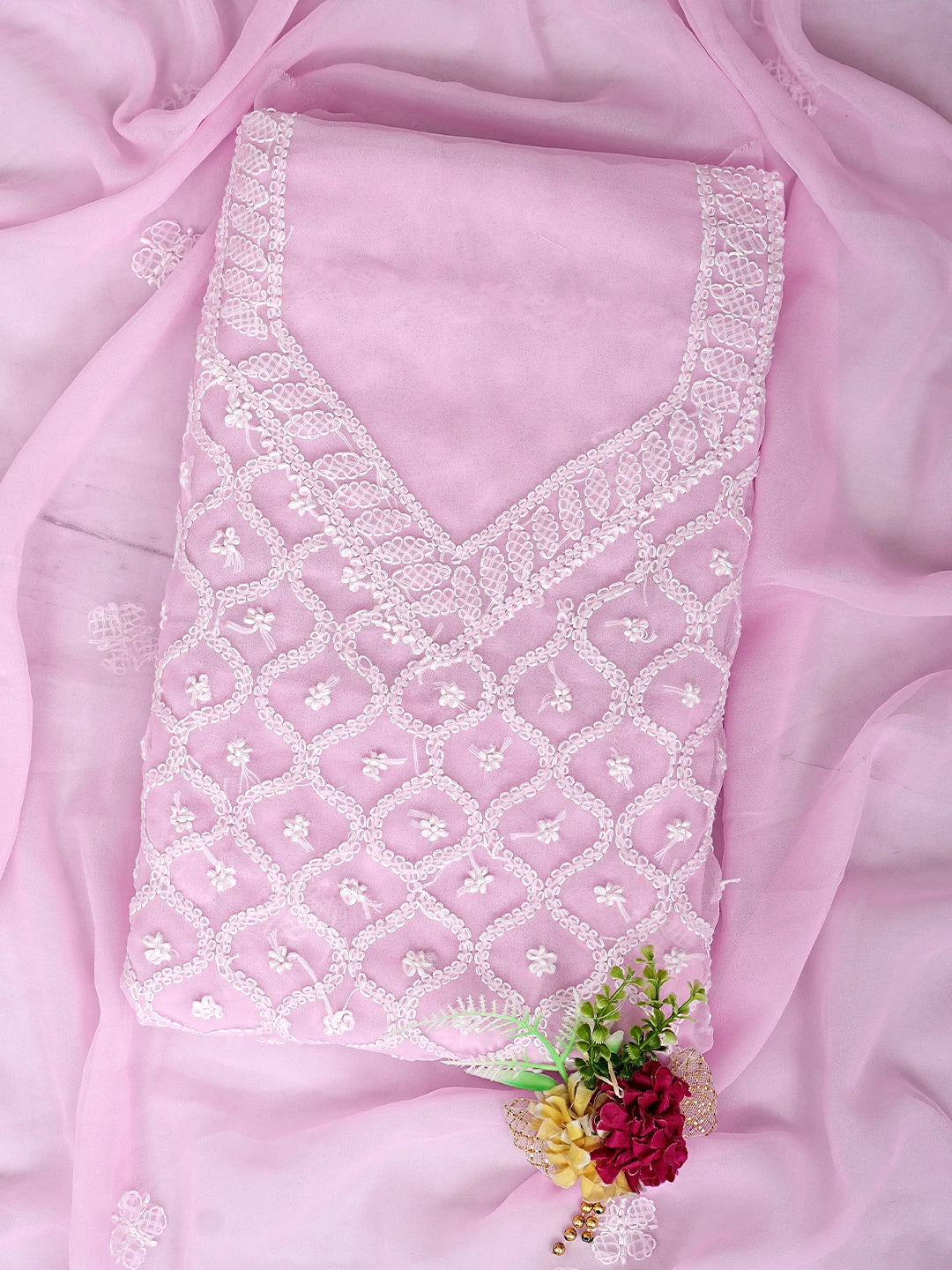 Ada Hand Embroidered Pink Georgette Lucknowi Chikankari Unstitched Suit Piece 01A937320