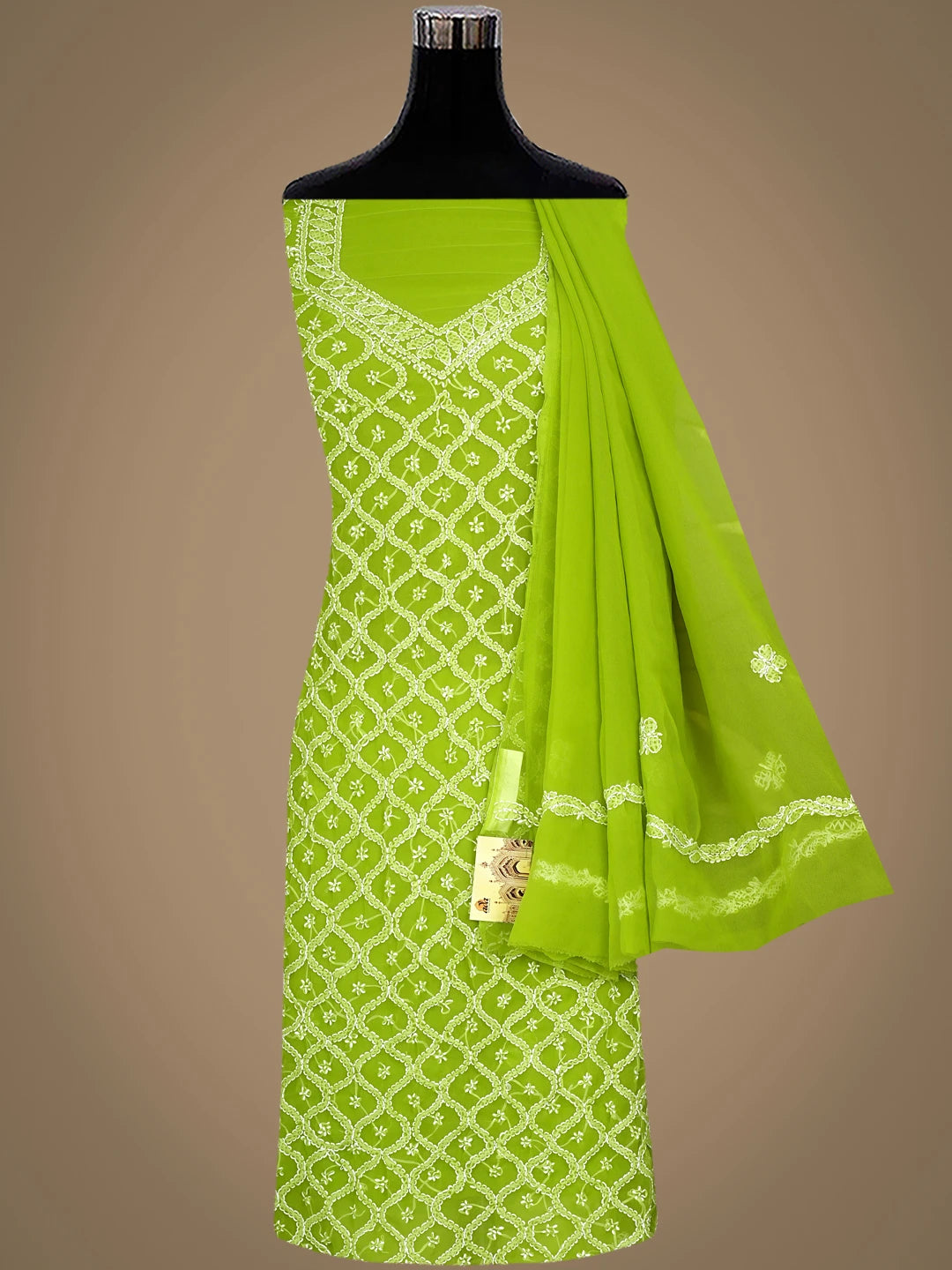 Ada Hand Embroidered Parrot Green Georgette Lucknowi Chikankari Unstitched Suit Piece 01A937341