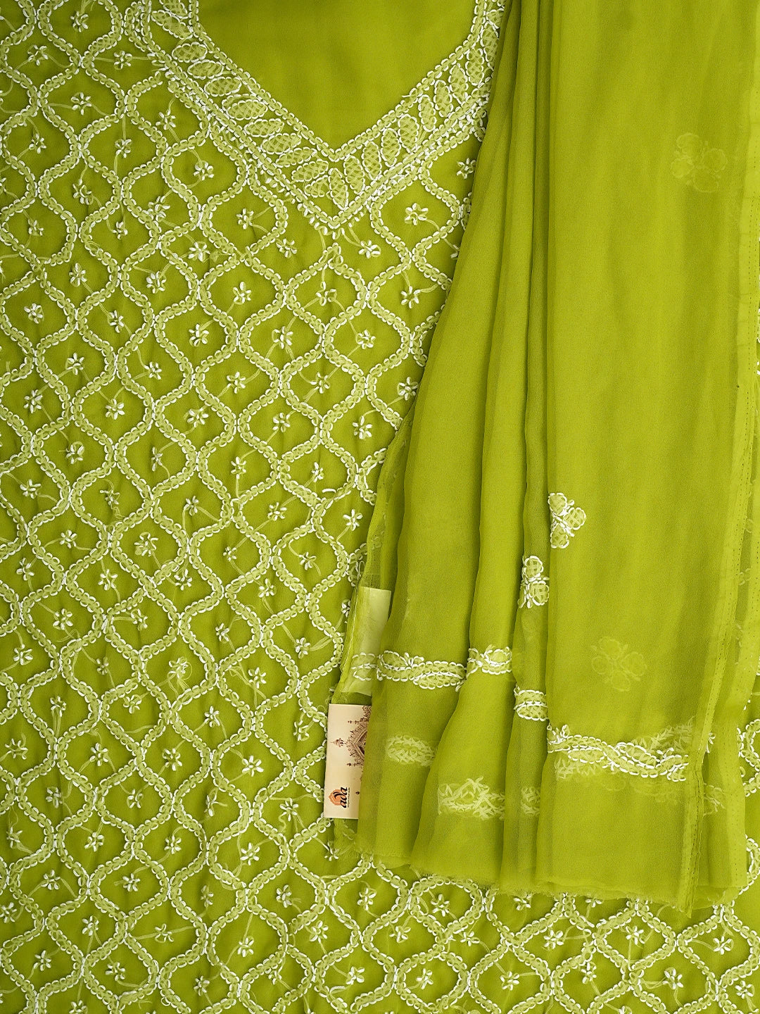 Ada Hand Embroidered Parrot Green Georgette Lucknowi Chikankari Unstitched Suit Piece 01A937341