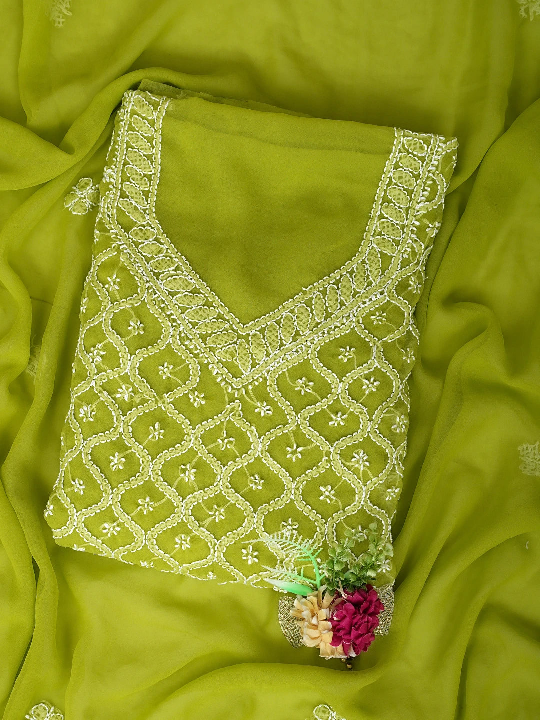 Ada Hand Embroidered Parrot Green Georgette Lucknowi Chikankari Unstitched Suit Piece 01A937341