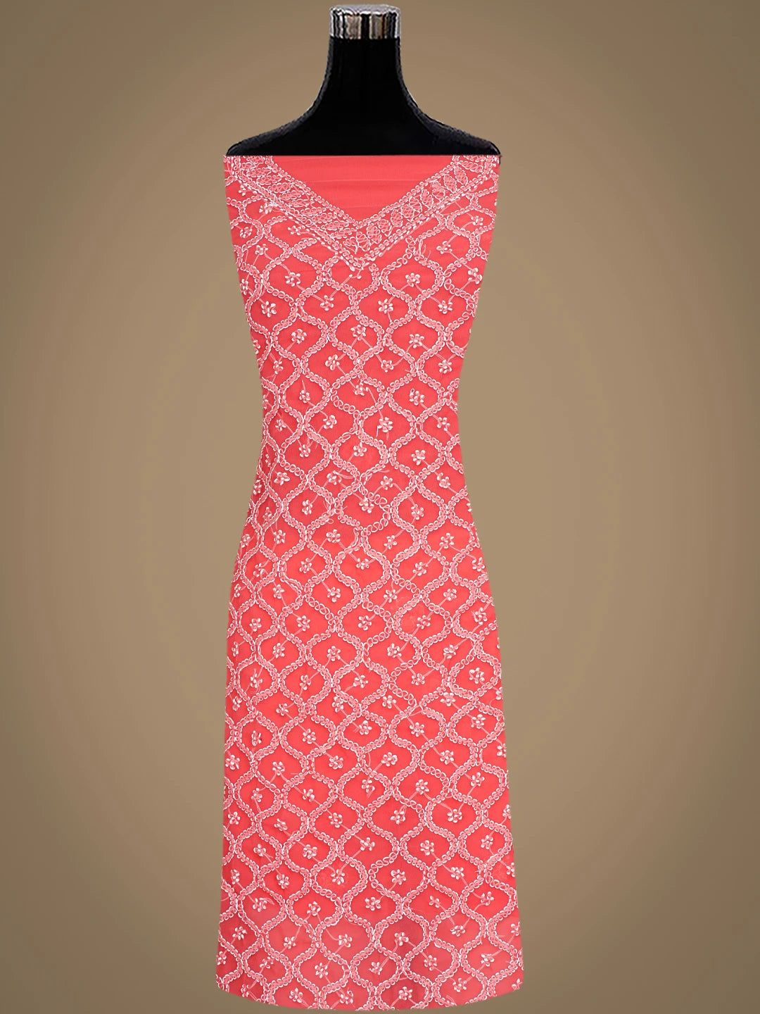 Ada Hand Embroidered Carrot Pink Georgette Lucknowi Chikankari Unstitched Suit Piece 01A937308