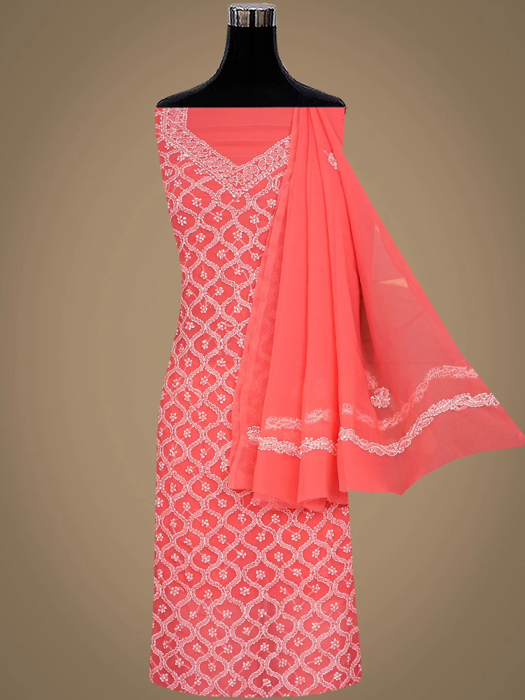 Ada Hand Embroidered Carrot Pink Georgette Lucknowi Chikankari Unstitched Suit Piece 01A937308