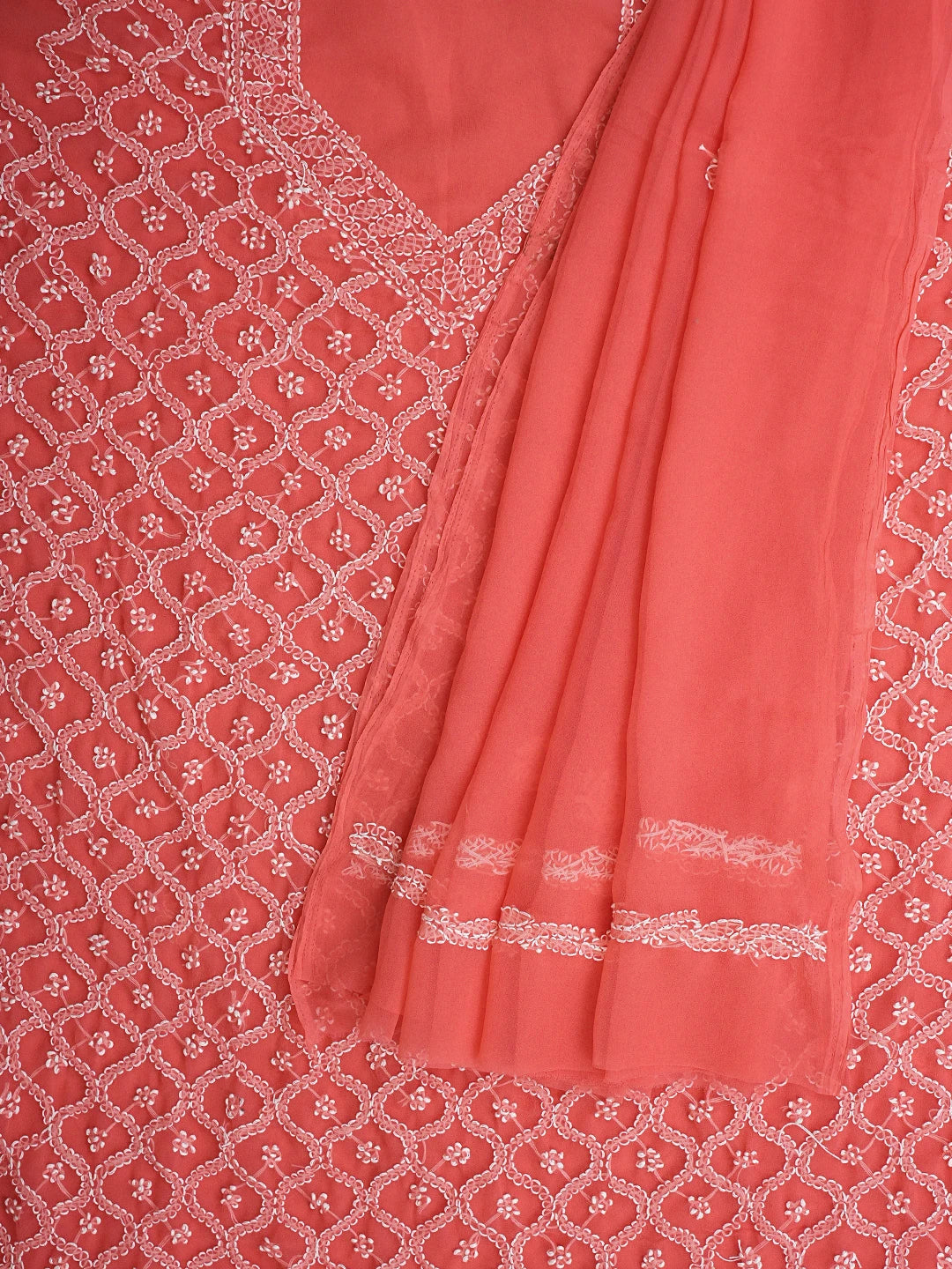 Ada Hand Embroidered Carrot Pink Georgette Lucknowi Chikankari Unstitched Suit Piece 01A937308