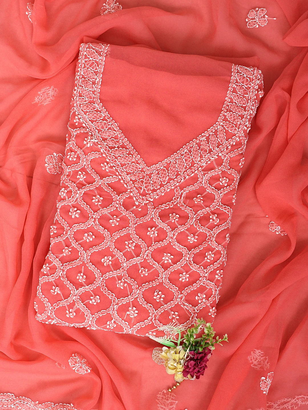 Ada Hand Embroidered Carrot Pink Georgette Lucknowi Chikankari Unstitched Suit Piece 01A937308