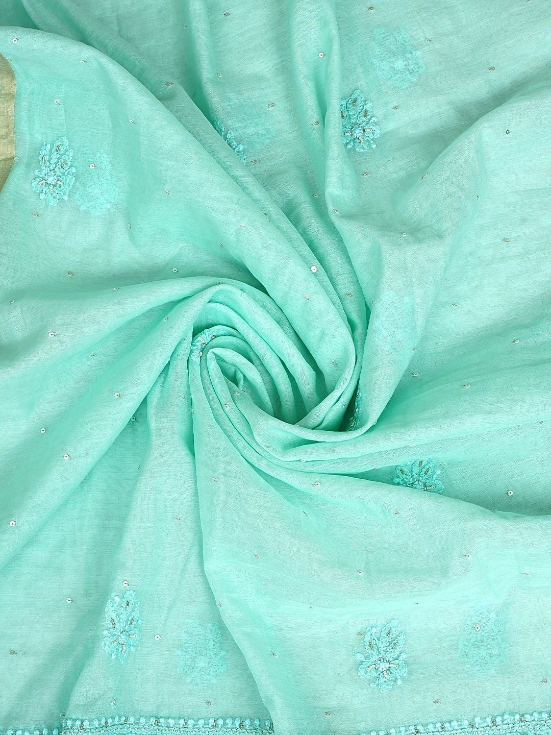 Ada Hand Embroidered Seafoam Green Chanderi Lucknowi Chikankari Unstitched Kurta Dupatta Set With Cutdana Work 01A850044