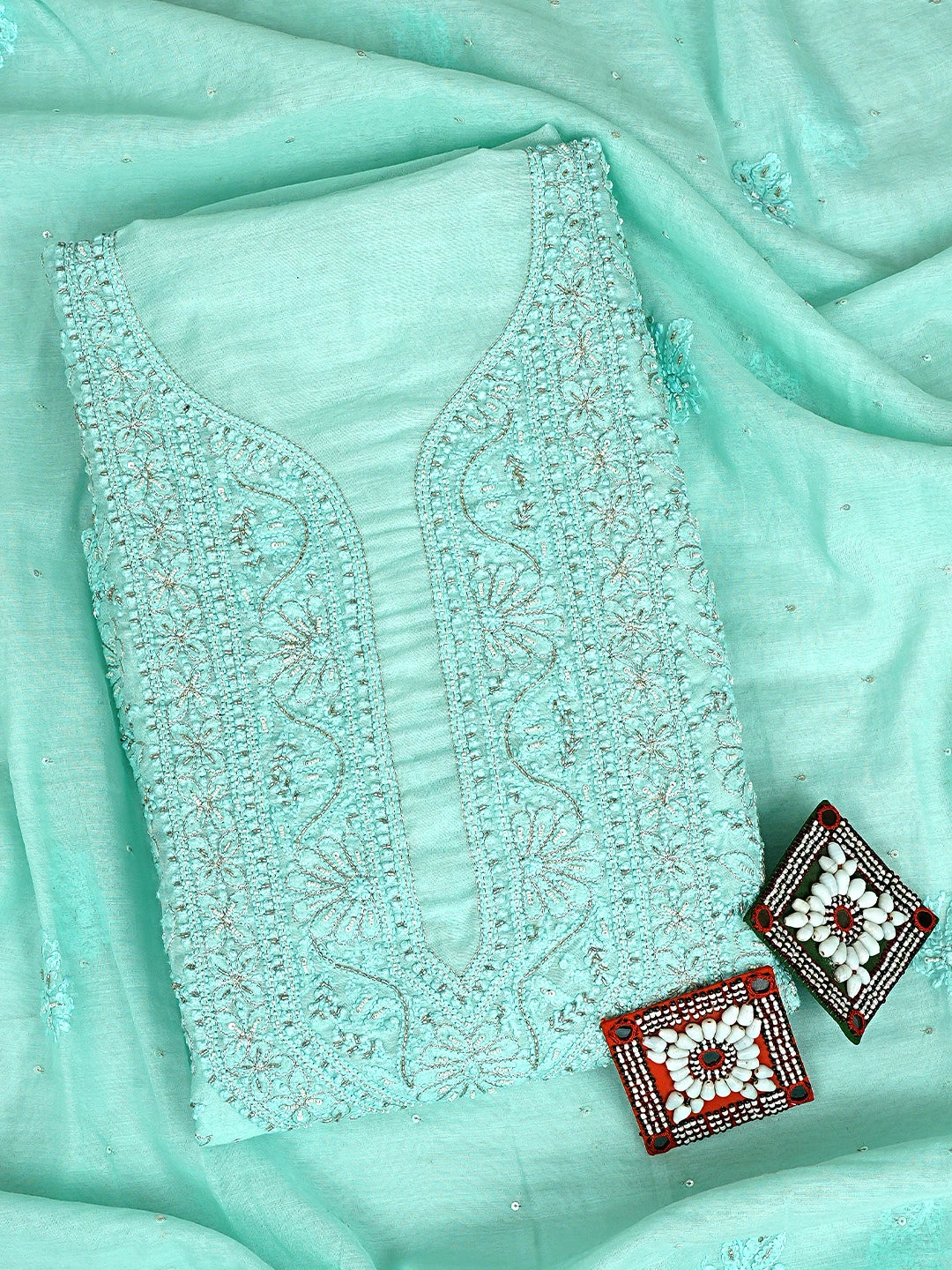 Ada Hand Embroidered Seafoam Green Chanderi Lucknowi Chikankari Unstitched Kurta Dupatta Set With Cutdana Work 01A850044